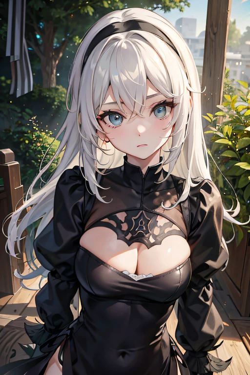 yorha no. 2 Tipo B, 1chica en, venda, senos, escote, Recorte de escote, recorte de ropa, fondo verde, pelo entre los ojos, Banda de pelo, high resolusion, Mangas Julieta, mangas largas, mangas hinchadas, labios rojos, Cara sombreada, pelo corto, solamente, cuello de tortuga, Parte superior del cuerpo, cana, Bosque de fondo restos Cuchillos