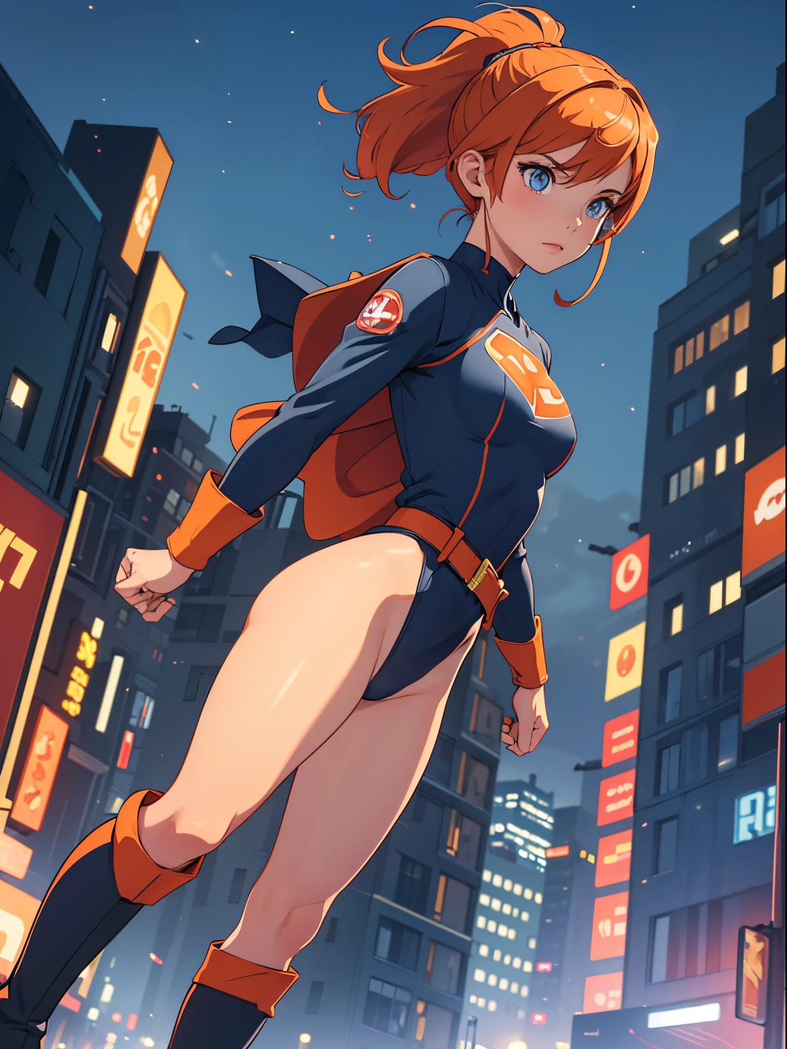 masterpiece, best quality, 1girl, superhero, leotard, bare legs, knee boots, matching boots, heroic, city backdrop, standing, body infused with energy, light particles, solo, single, cowboy shot, perfect anatomy, hand on hip, orange hair, beautiful detailed eyes, belt
