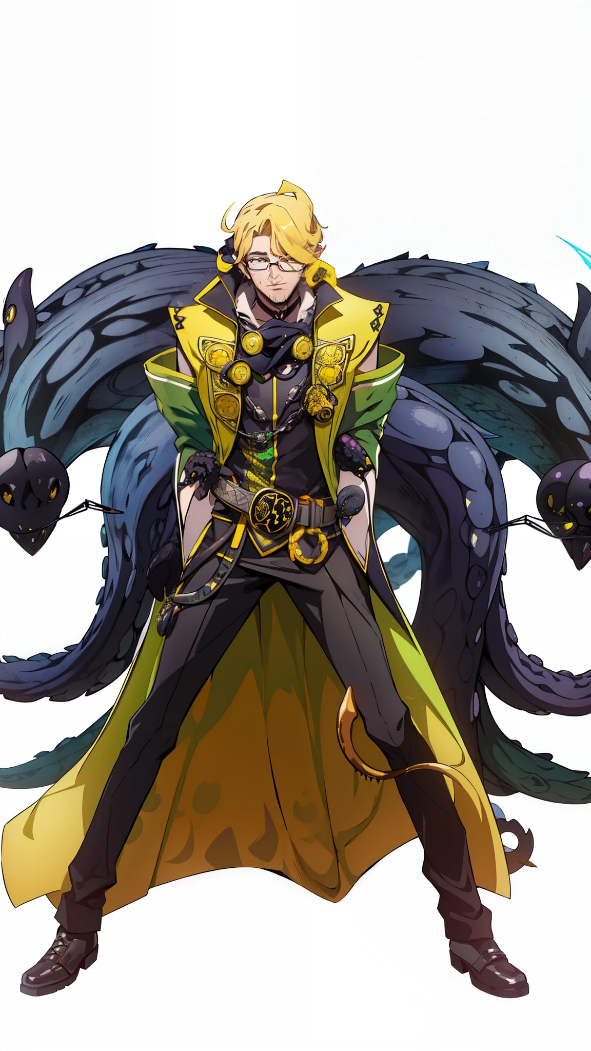 ((man with glasses)) vestido um casaco amarelo((batom preto)) with a symbiosis on the chest and black tentacles coming out of the back 4k HD
