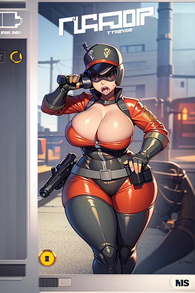 Fempyro pointing a gun at the camera, threatening, 1girl, curvy, wide hips, big breasts