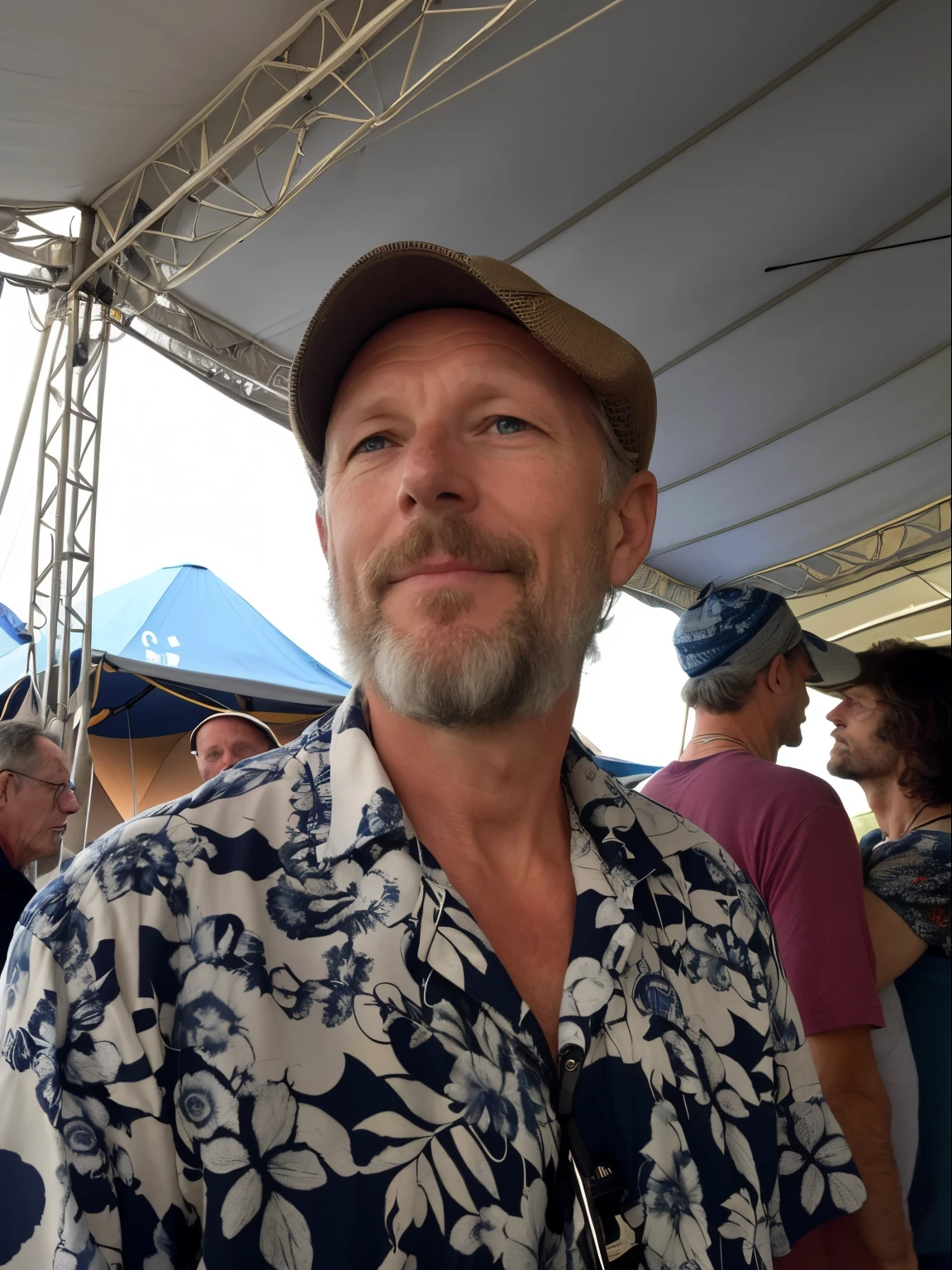 there is a man standing under a tent with a hat, jony ives, Chris Escaldo, hervé scott flament, Yann Blomquist, foto de um homem branco de 50 anos, looking away from camera, looking to the side off camera, Digna Gvasalia, 4 5 I