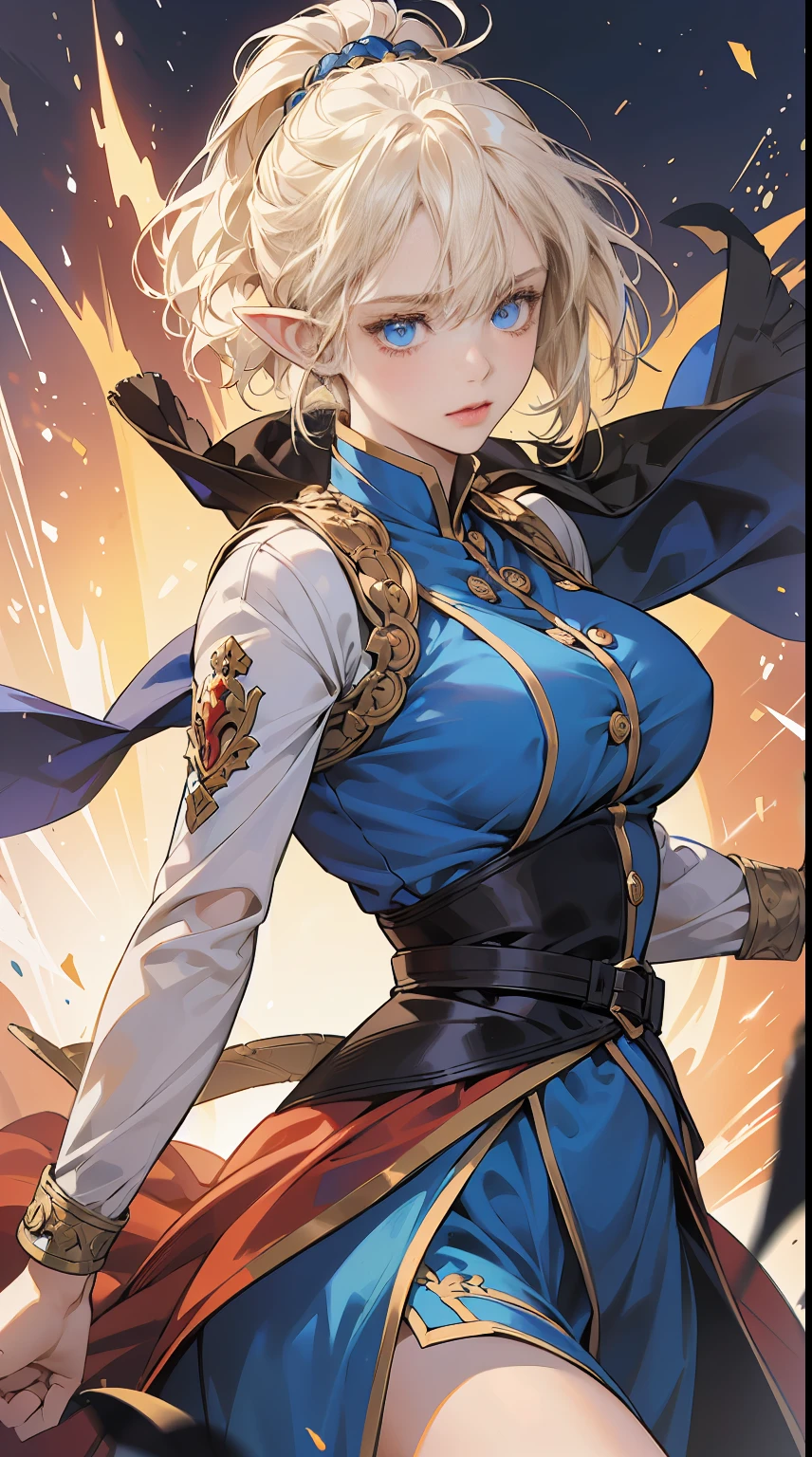 (high-quality masterpiece:1.2), an elf girl with (asymmetrical bangs:1.3) and a topknot hairstyle. Her short hair perfectly frames her highly detailed face and captivating eyes, complemented by her (white blonde hair, deep blue eyes:1.2). She possesses a perfect body with big breasts and a well-endowed figure. Radiating grace and beauty, she stands amidst a sprawling battlefield, witnessing the chaos and fury of war. Yet, she remains resilient and strong, leading her people with unwavering spirit and wisdom. By Yusuke Murata.