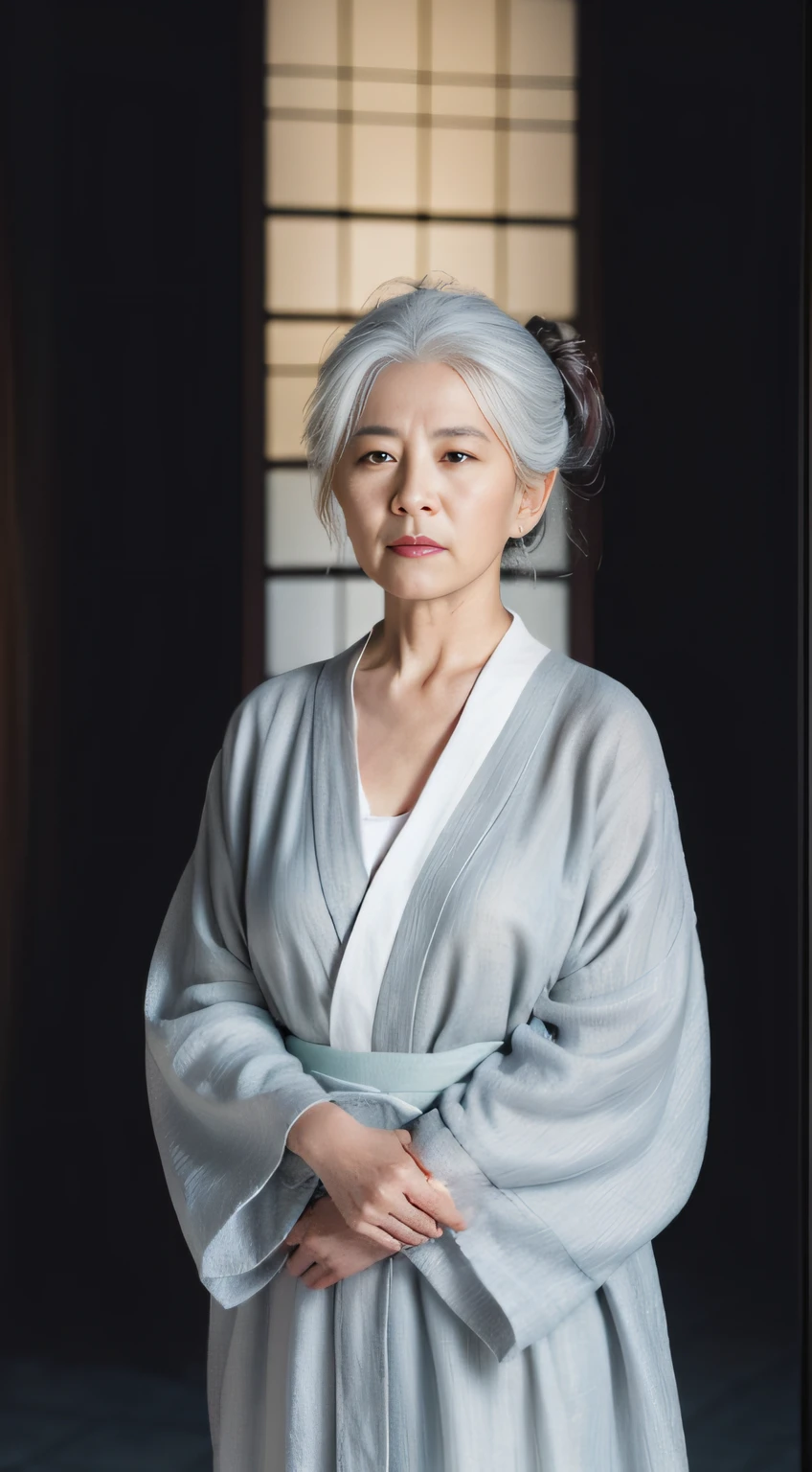 ((Best quality, 8K, Masterpiece :1.3)), Sharp focus:1.2 , Photorealsitic,(Cinematic lighting),Facial detail texture. Eye details. Double eyelids, Slender body. Super small breasts, Sexy collarbone,70-year-old grandmother, photo-realistic:1.37,Perfect eyes, ((1 Old man in a gray yukata)),(white sash),(Thick cloth),((Ragged linen)),With a petite figure,whaite hair,hair-bun,Qi bangs,Stand in the snow,Hands behind your back,Full body like,short- sleeved,robe,folds,((solid color backdrop)),Front lens,There are a few wrinkles on the face,Traditional Chinese women,Be kind,white haired Cangcang,Shanshui temple background,in a temple,Clear day,Back to the bell tower