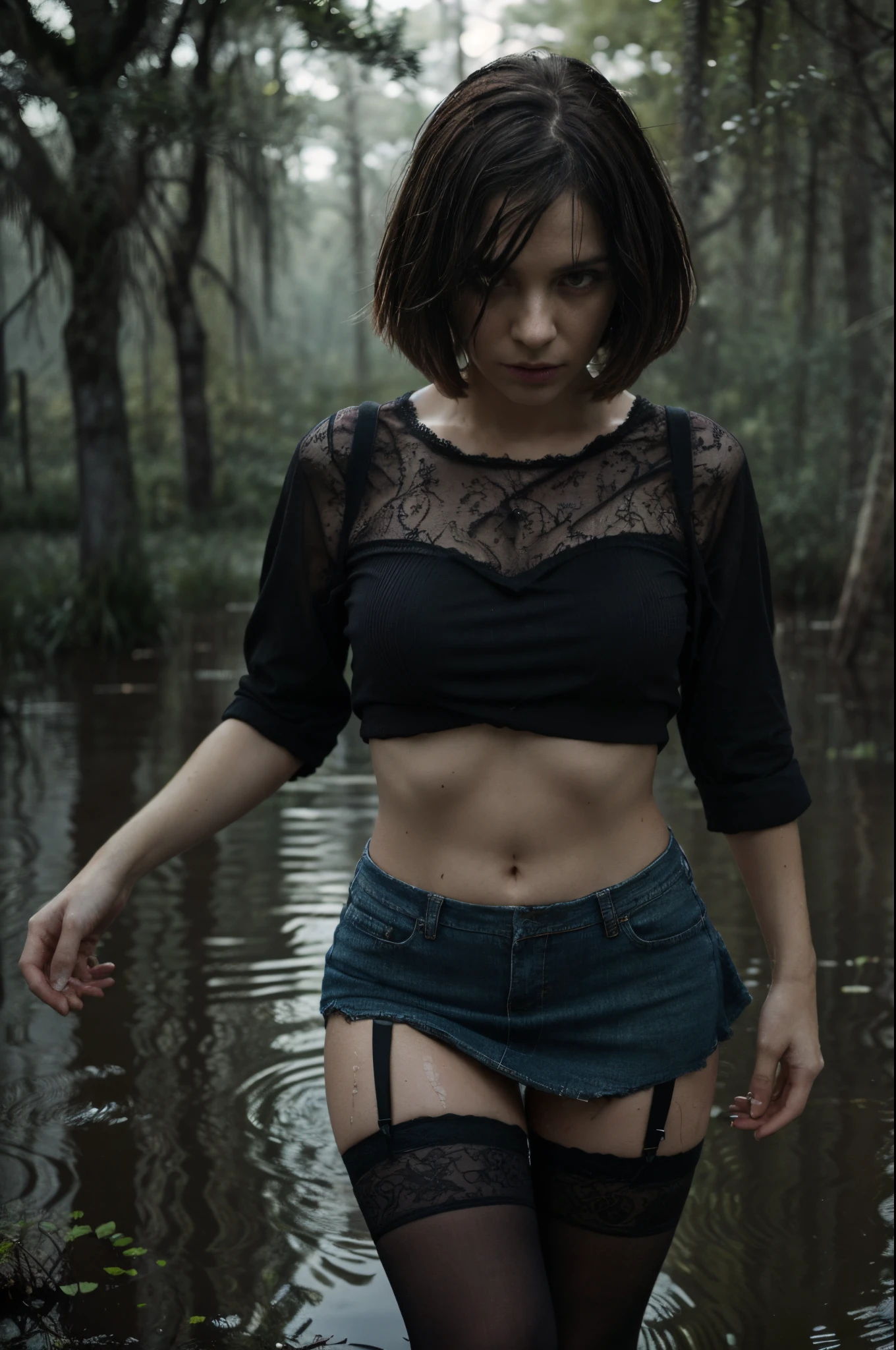 (Best Quality,hight resolution:1.2),The woman,Expressive wrinkles,Bob haircut,jeans skirt,blouse,(dark lace stockings with garters), ( drowning in a swamp:1.2),Detailed eyes and face,expression of despair,Dark and moody lighting,ominous vibe,desperation,(Imminent Doom:1.1), Psychological thriller, (Meanders:1.3)