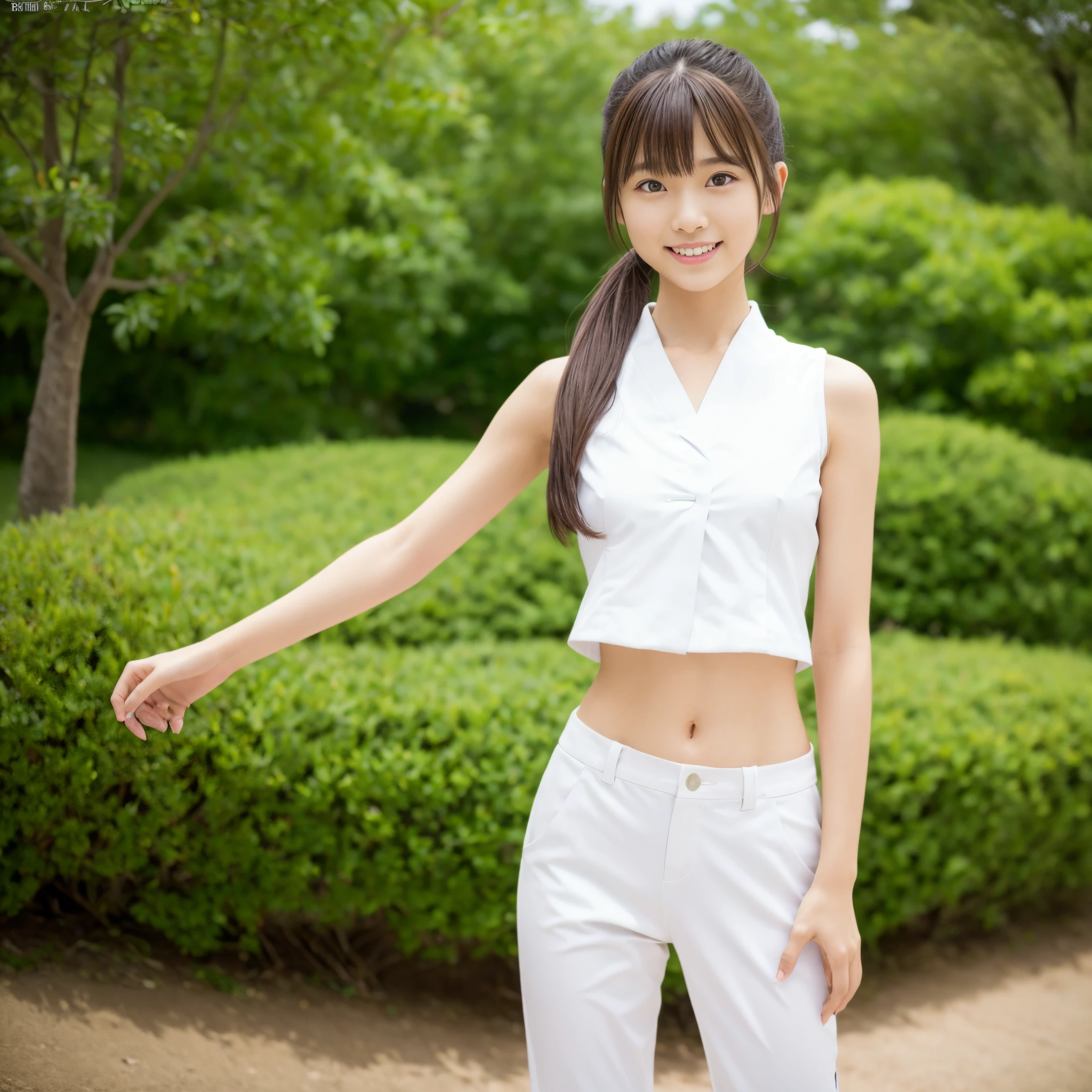 (Photorealsitic)(sixteen years old), Pretty Woman, (Full body 8K portrait), 1 girl in, White Karate Uniform, White karate pants, Large bust,Stand alone, Large and dynamic hand and foot movements, Stick out your fist, Make a high side kick, Correct skeleton, Perfect facial detail, (Smile: 1.15), attractive beautiful face, gazing at viewer, a small face, 二重まぶた, Beautiful detailed eyes, long eyeslashes, ligh brown hair, poneyTail, Toned waist, Beautiful thin legs, toned ankles, bare-legged ,TOKYOcty, the background is green, no nsfw