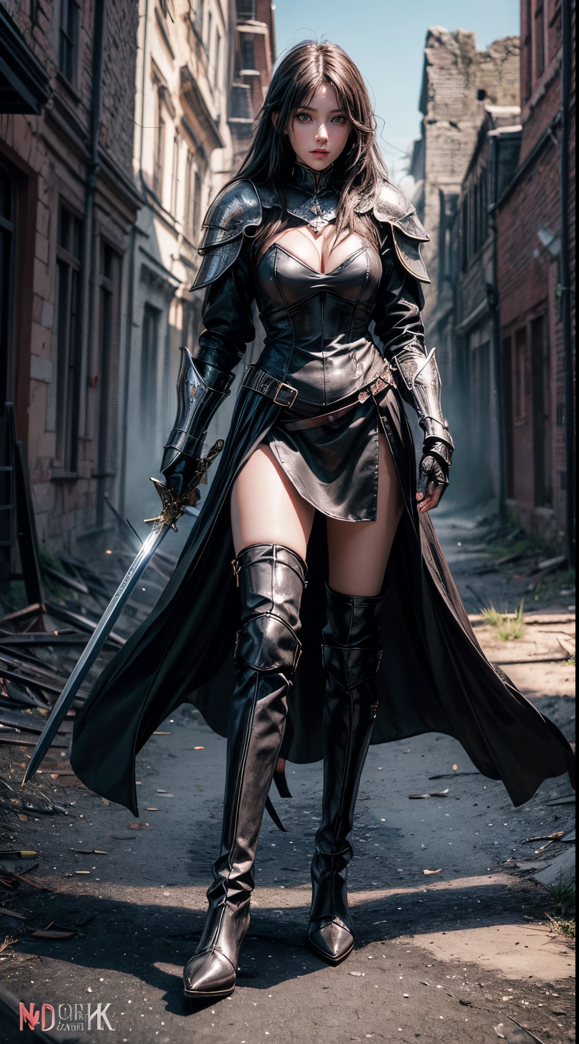 Pretty women, 30yr old,3girls,Russian,Black dress Armor,open chest,high heels boots,Full body portrait,Female knight,Slim body,holding sword,robe,Perfect face and nice perfect face, anime art,Surreal concept, 8K resolution, photographic quality, Walk through the ruins, Photorealistic,A detailed eye