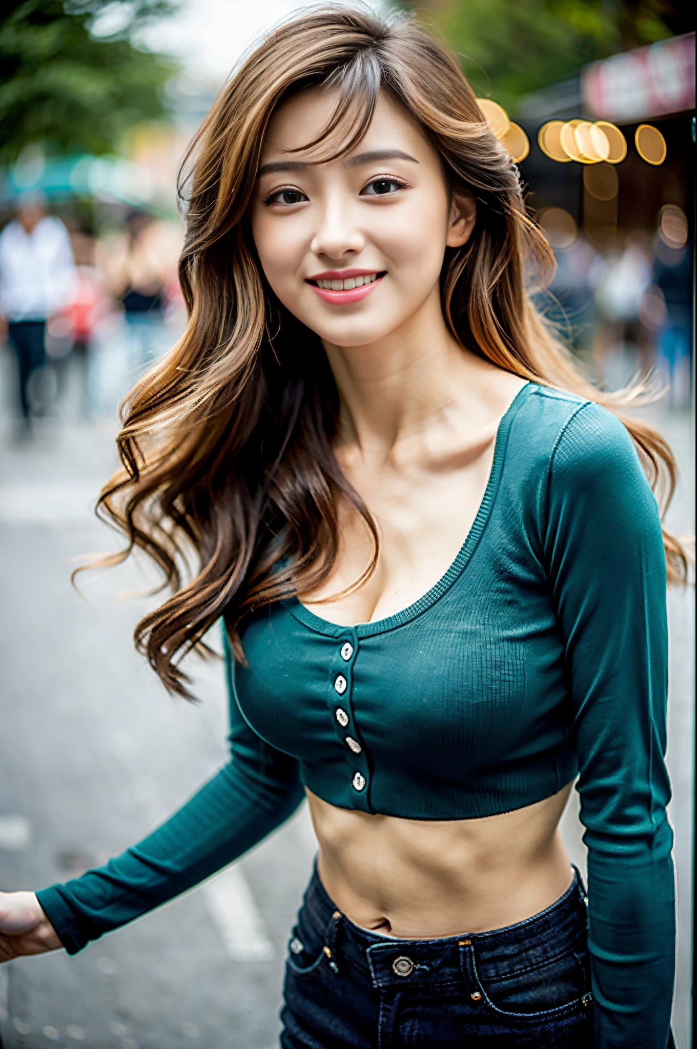 all intricate details: "(an anime looking woman in green and red armor at work near a pole, 1girl 18 years old, solo, breasts, beak of pocky, animal ears, covered navel, looking at viewer, red hair, (((100% nude))), long hair, covered nipples, earrings, blush, very sexy smile, scarf, jewelry, white scarf): all intrincates details, very sexy, sexy pose, random angle)"