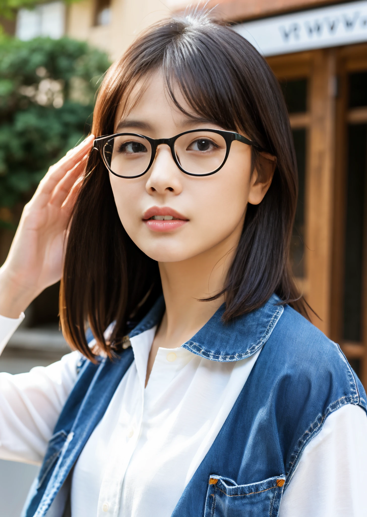 top-quality、(Photorealsitic:1.2)、1girl in、独奏、shinny skin、A detailed face、sface focus、Brown hair、(eye glasses)、brand bob cut、(look at viewr:1.5)、Iridescent eyes、Fashionable shirts、damage jeans、Woman in Alafed with glasses、Short jacket、Japan Women Fashion Models、Square glasses、Modern casual clothing、、Gorgeous young woman wearing black glasses