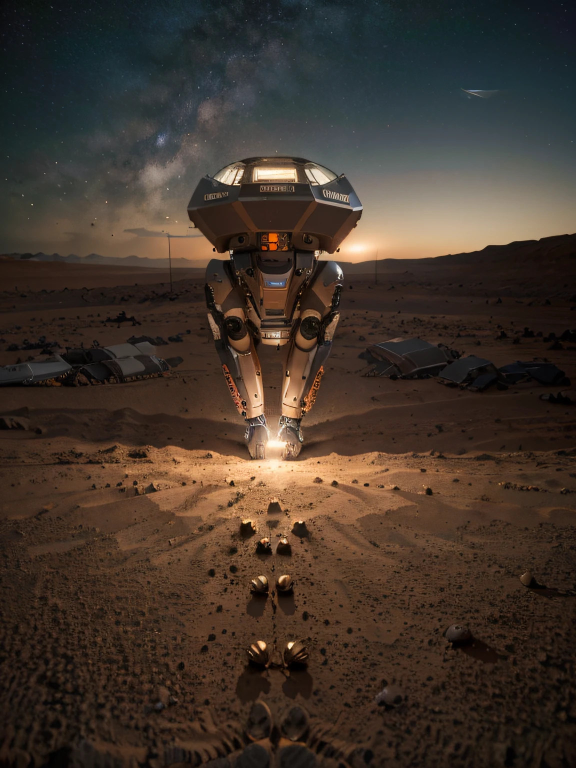 On Mars, a huge cutting-edge machine is at work. Metallic luster texture, astronauts are distributed on the ground of Mars. Bright picture, robot, starry sky, daytime, exploring vehicle details, ultra-wide angle, bird's eye view, high realism, light and dark