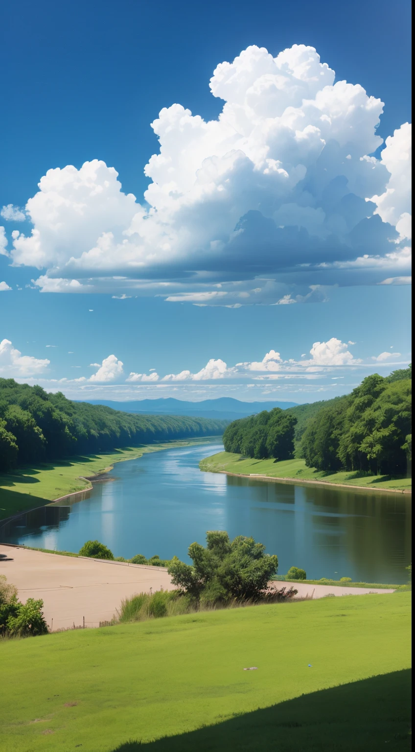 high-definition picture。big sky、Distant view、Faraway view、wide-angle lens、near a river、a park、Carefree atmosphere、Calm time、Pleasant weather。