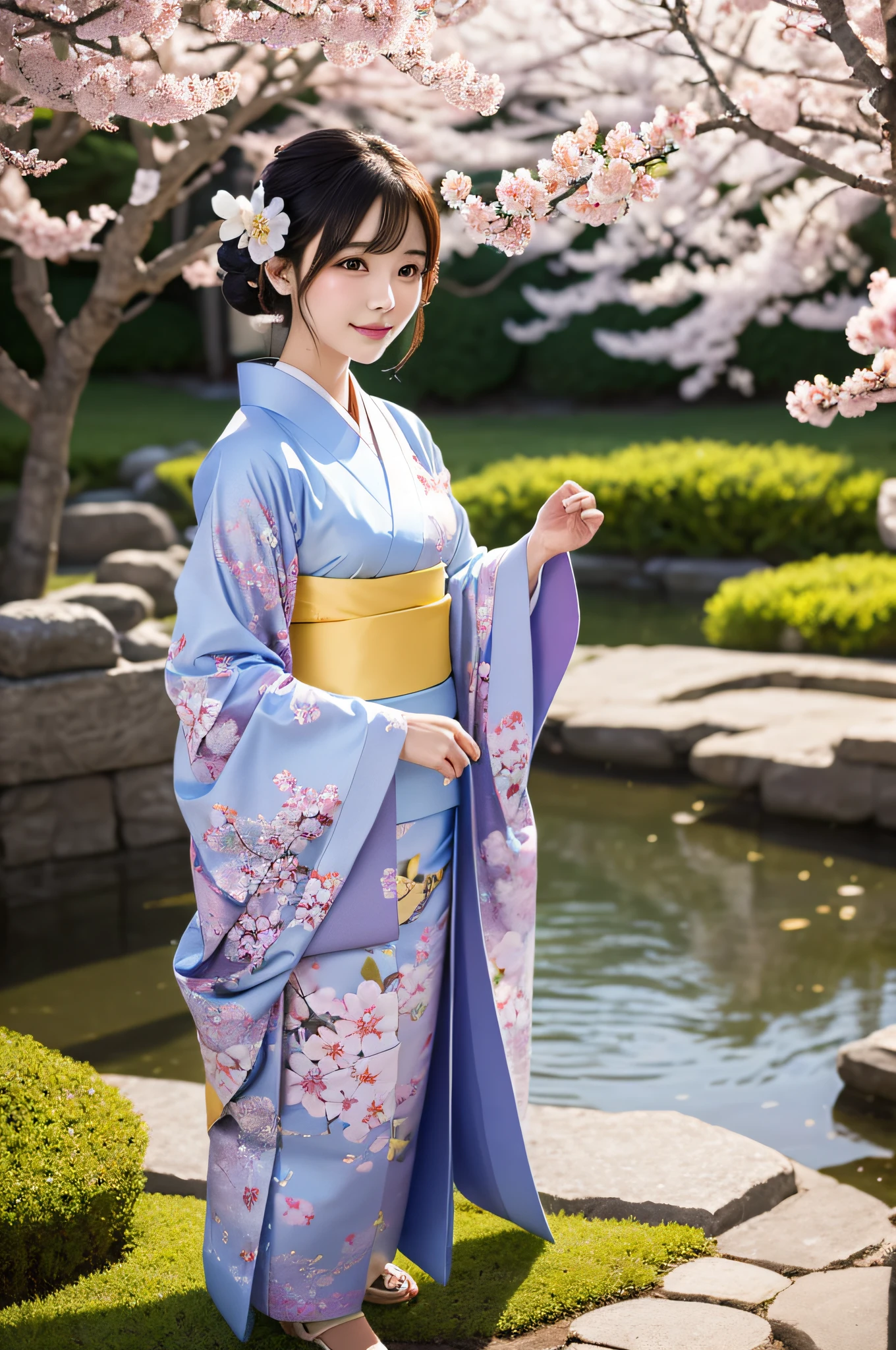 Create a detailed illustration of a beautiful young adult woman character wearing a traditional kimono。. The character must have soft features and a gentle expression., her hair is styled to complement her outfit. There should be a lot of floral patterns on the kimono.., purple, etc..々Introduction of colors, Pink, and gold, indicate a celebration or formal event. In the background、I want to express a peaceful Japanese garden with lanterns etc.。, Koi Pond, Cherry blossom petals highlight traditional beauty. The lighting should be warm and inviting, Highlighting the intricate patterns of the kimono and the natural beauty of the garden。.
