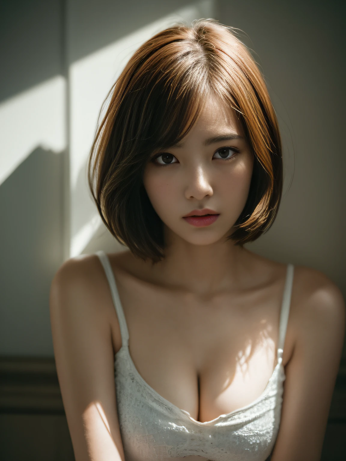 Best quality, masterpiece, ultra high res, (photorealistic:1.5), raw photo, 1girl, offshoulder, in the dark, deep shadow, low key, cold light, sexy look, short hair