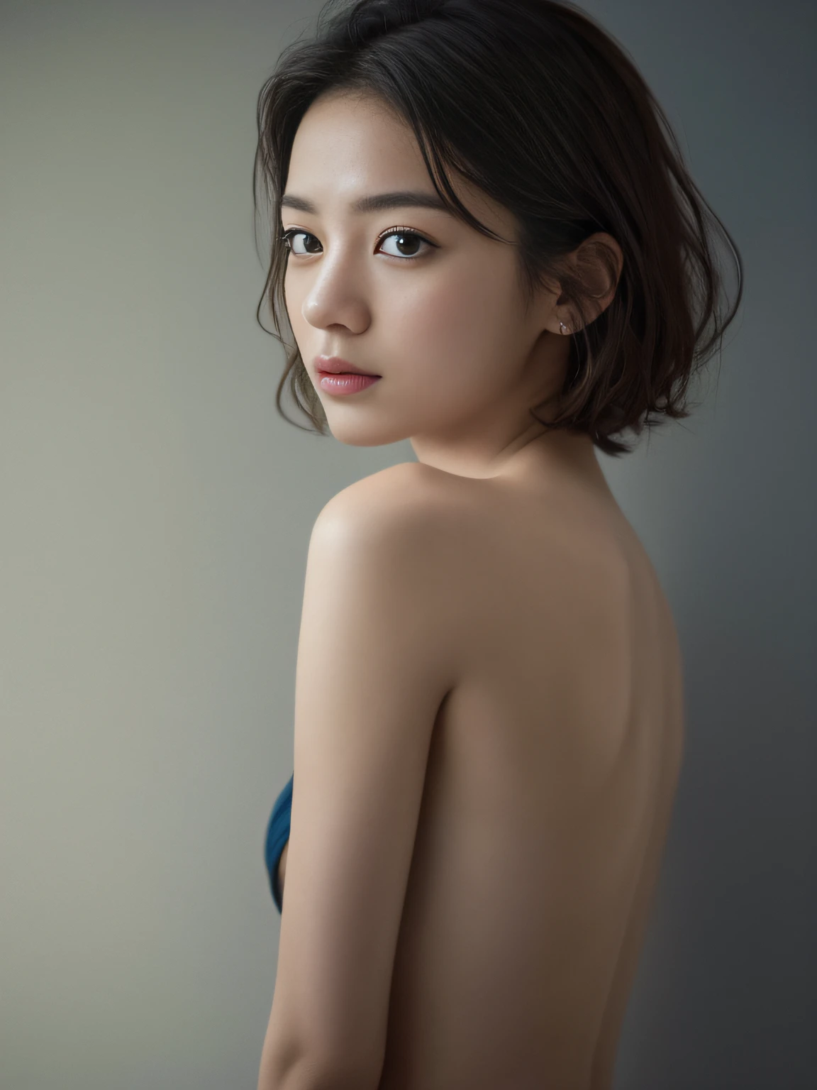 Best quality, masterpiece, ultra high res, (photorealistic:1.5), raw photo, 1girl, offshoulder, in the dark, deep shadow, low key, cold light, sexy look, short hair