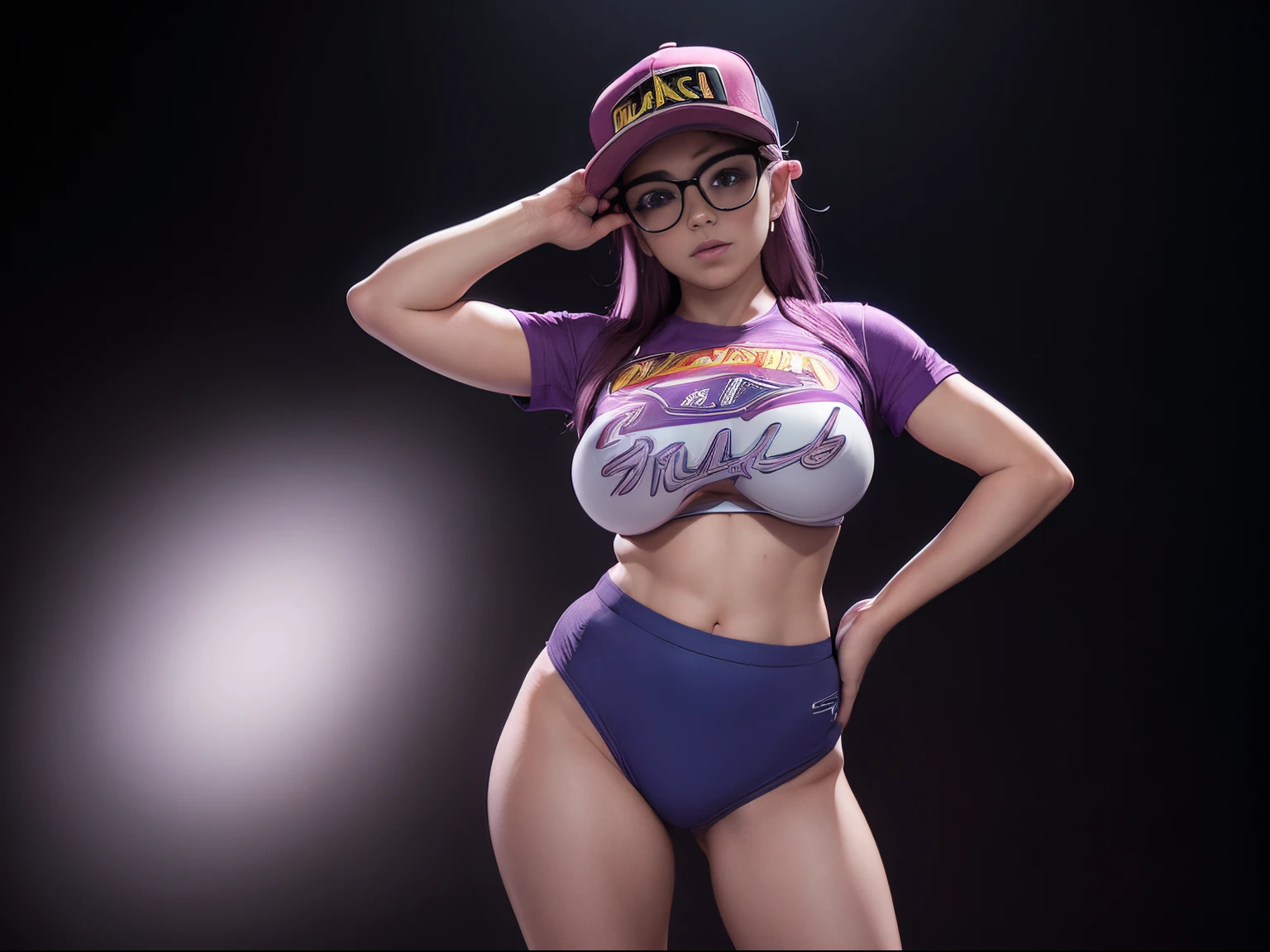 (((arale )))8k,(((from dr slump)))cabello morado(((usa su gorra con alas y lentes)))(((Amazing tits)))caliente, hermosa,((Hornie)),(((viste playera)))((tiene tetas perfectas)))8k, hiperrealista todo como un motor irreal trazado de rayos render ((estilo humano hiperealista)),(((Empty dark background))). hiperrealista todo como un motor irreal trazado de rayos render estilo humano realista ,(((Empty dark background)))., Suavemente iluminado, Intimo exquisito detalle, foco nítido, intrincadamente detallado, rewarded photography, small-catchlight, bajo contraste, alta nitidez, facial-symmetry, profundidad de campo, cinematic background, Renderizado del motor irreal, Imagen central, dream-like, Suavemente iluminado, intimo, imagen de cuerpo completo ,cuerpo completo,((tetona)),((piernas torneadas)) perfect ass ecchi, hdri