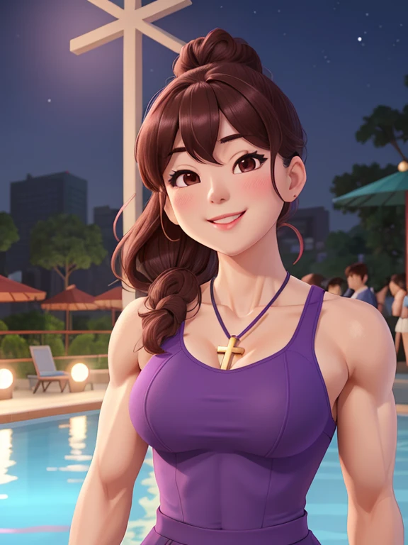 attractive korean woman, ripped muscle, muscular body, small breast, pale skin, smile(blush), purple dress, cross pendant, sixpack abs, [ultra detailed skin:1.2], brown hair, hair bun, 8k uhd, full body, stand, crowd, public, night, poolside,