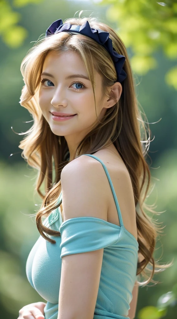 American white woman with unparalleled looks、dark blonde、Semi-long hair、wearing a ribbon headband、Hair is wavy、The ends of the hair are curled、blue eyess 、A slender、Out of focus background of open meadow in the forest、The sun filtering through the trees is beautiful、a smile、Looking at the camera、Slender but well-proportioned body with large breasts、Posing like a model、Raking up hair、There must be space above the head、Breast bare、Very high definition、Wrapping a scrunchie around the wrist、wearing one-shoulder tight clothes
