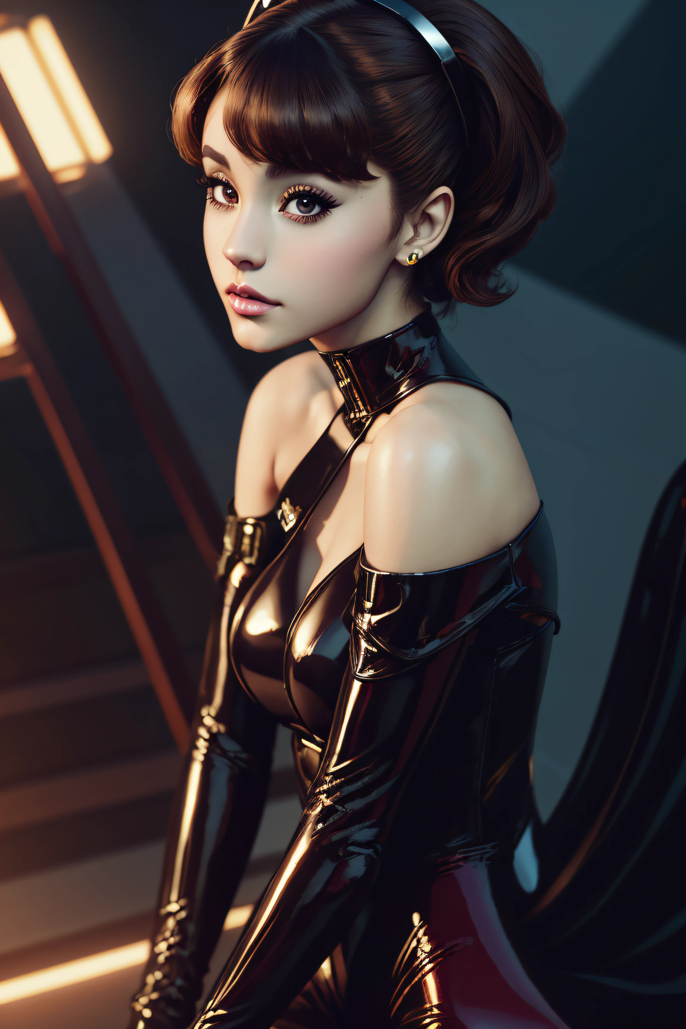 Ariana Grande, latex sexy clothes , character portrait, 4 9 9 0 s, short hair, intricate, elegant, highly detailed, digital painting, artstation, concept art, smooth, sharp focus, illustration, art by wlop, charlie bowater and alexandra fomina