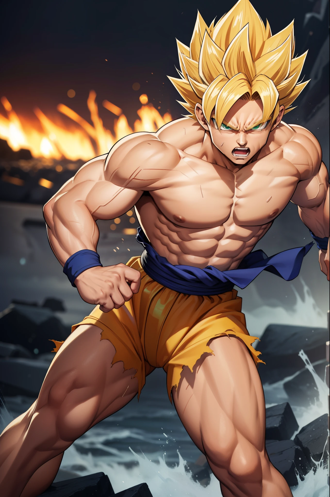 (masterpiece, best quality), intricate details, 8k, artstation, wallpaper, official art, splash art, storm in background, sharp focus, 1boy, (photorealistic:1.2) (bokeh) (best quality) (detailed skin:1.3) (intricate details) (8k) (detailed eyes) (sharp focus) son goku, angry, battle damage, blonde hair, blue sash, clenched teeth, furious, green eyes, male focus, muscular, muscular male, pectorals, sash, solo, spiked hair, super saiyan, super saiyan 2, teeth, topless male, torn clothes, wristband,