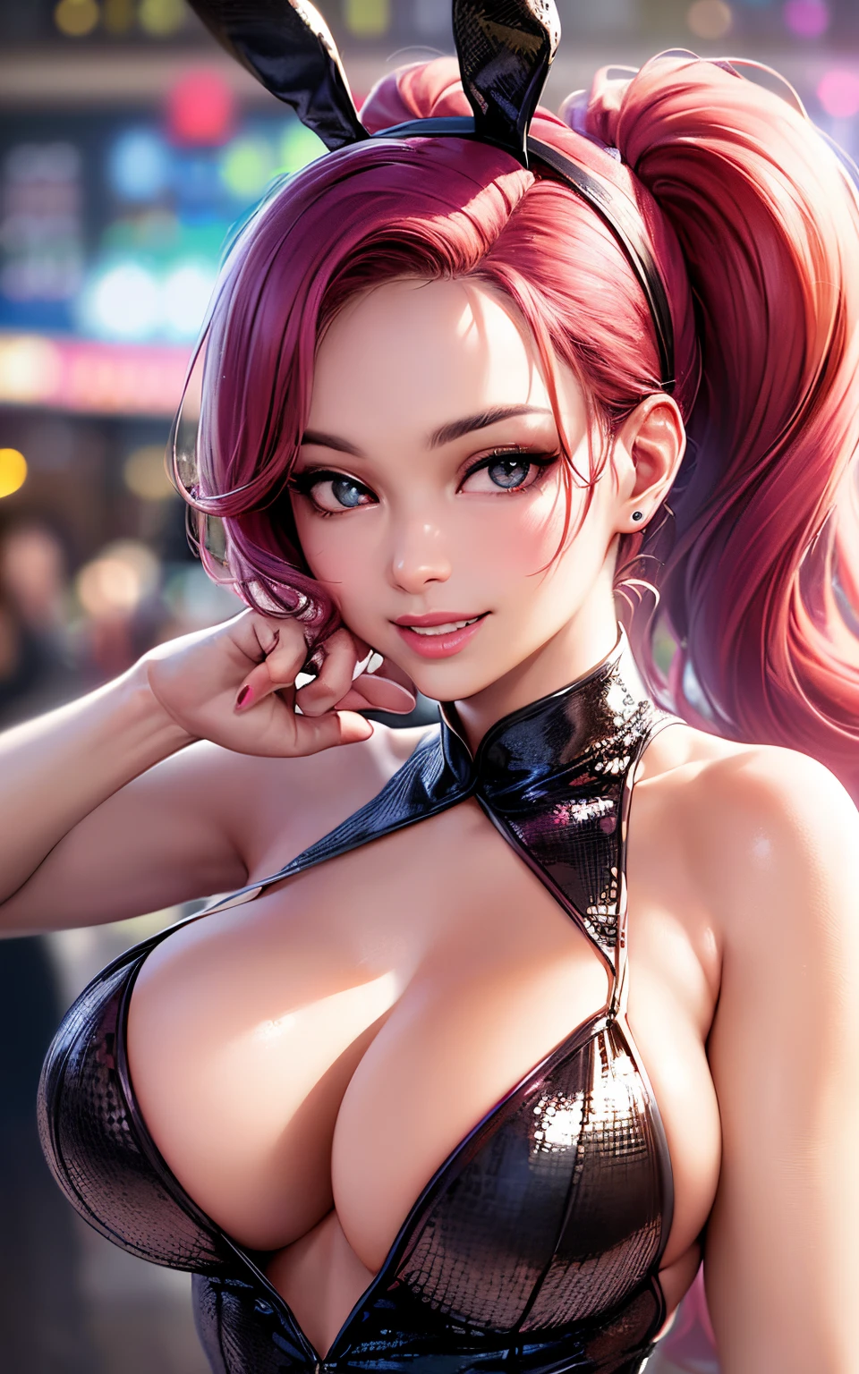 (Realistic, Photorealistic: 1.37), (8k, RAW Photos, Best Quality, Masterpiece: 1.2), Very Cute Woman, Ultra Detailed, Heart-Shaped Pupil, Physically Based Rendering, Ultra High Resolution, Kodak Vision Color, Shot with Arricam LT Camera, Bokeh, Sharp Focus, ((Correct Anatomy: 1.2)), ((Rita Ora)) Watch Viewer, Real, Solo, Photorealistic, top quality, highly detailed face, (sequins, black bunny suit, rabbit ear shaped hairband: 1.2)), ponytail, highly detailed eyes and face, beautiful detailed eyes, double eyelids, (((unforgettable smile: 1.2)), red cheeks, hair fluttering in the wind, ((upper body)), (casino, background blur)), big, cute random pose