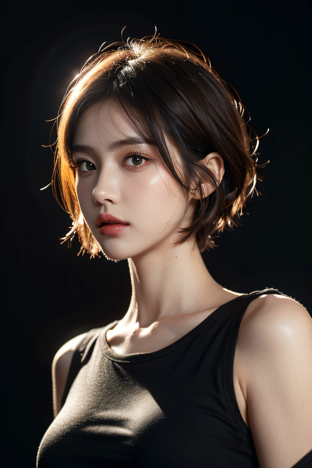 Short hair, Skin Tight Black Top:1.2, Looking at Viewer, Cinematic lighting, Perfect, softlight, High resolution skin:1.2, Realistic skin texture, Realistic face, off shoulders, Red Eyes, Shortcut Hair、dark brown hair、a small face、Bust B Cup