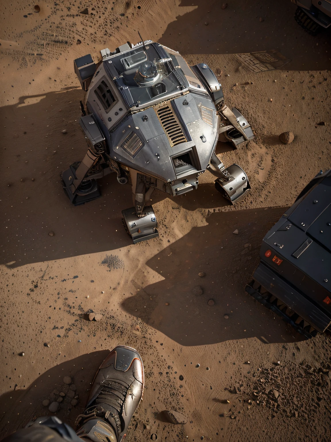 On Mars, a huge cutting-edge machine is at work. Metallic luster texture, astronauts are distributed on the ground of Mars. Bright picture, robot, starry sky, daytime, exploring vehicle details, ultra-wide angle, bird's eye view, high realism, light and dark