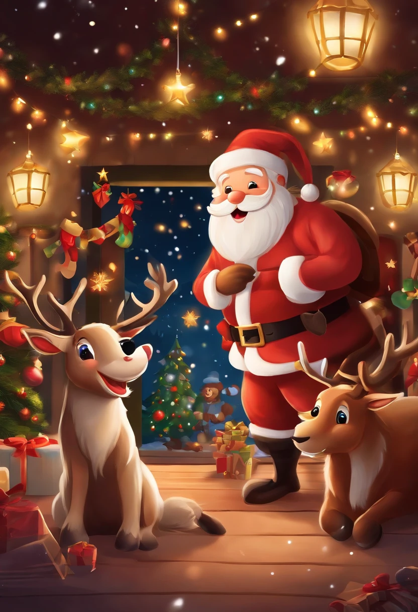 with cheerful background, This picture is、Santa Claus and his reindeer are shown having fun at the Christmas party. The paintings are characterized by bright colors and delicate details, Gives the viewer a fun and warm atmosphere.
in the evening background, A quiet snowy landscape and a cold starry sky match.
santa claus, dressed in a gorgeous red dress, Standing on the gorgeous Christmas stage.
with big smiles on their faces, Santa holds up a bag full of presents in both hands、Shower presents around the reindeer and other party-goers.
reindeer wrapped in colorful ribbons, Some people danced cheerfully, and some people made fun of each other.
Christmas elves set up a gorgeous stage and decorations for the party, they dance merry to celebrate Christmas、where I&#39;m singing.
beside the stage, There is a huge Christmas tree, Decorated with colorful lights and all kinds of luxurious decorations.
There are some other festive elements in the background, colored lights etc., snowman, gift pile, etc., Enhance the atmosphere of your carnival party.
This picture is、It combines Santa theme with carnival and joy atmosphere, Showing the unique charm and warmth of Christmas. the viewer appreciates the painting、You can feel the atmosphere of happiness and reunion brought by Christmas.