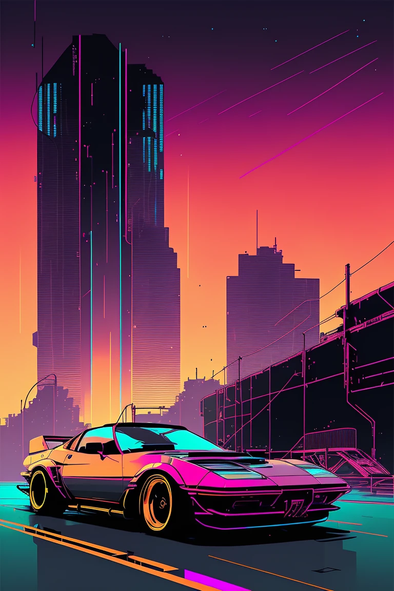 (nvinkpunk:1.2) (snthwve style:0.8) corvette, lightwave, sunset, intricate, highly detailed
