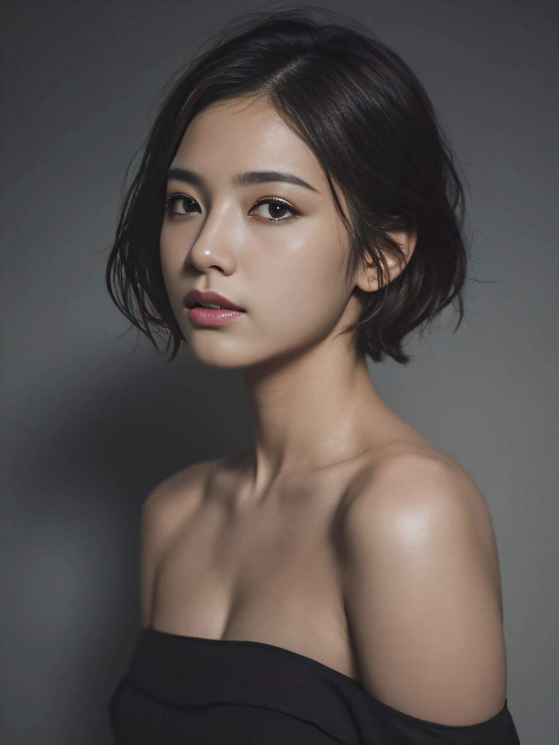 Skin Tight Top:1.2, Looking at Viewer, Cinematic lighting, Perfect, softlight, High resolution skin:1.2, Realistic skin texture,Pretty women、 Realistic face, off shoulders, Exposed cleavage,natural make up、 Detailed red eyes、 Short hair, dark brown hair、a small face、Bust B Cup,fullnude、Light gray background