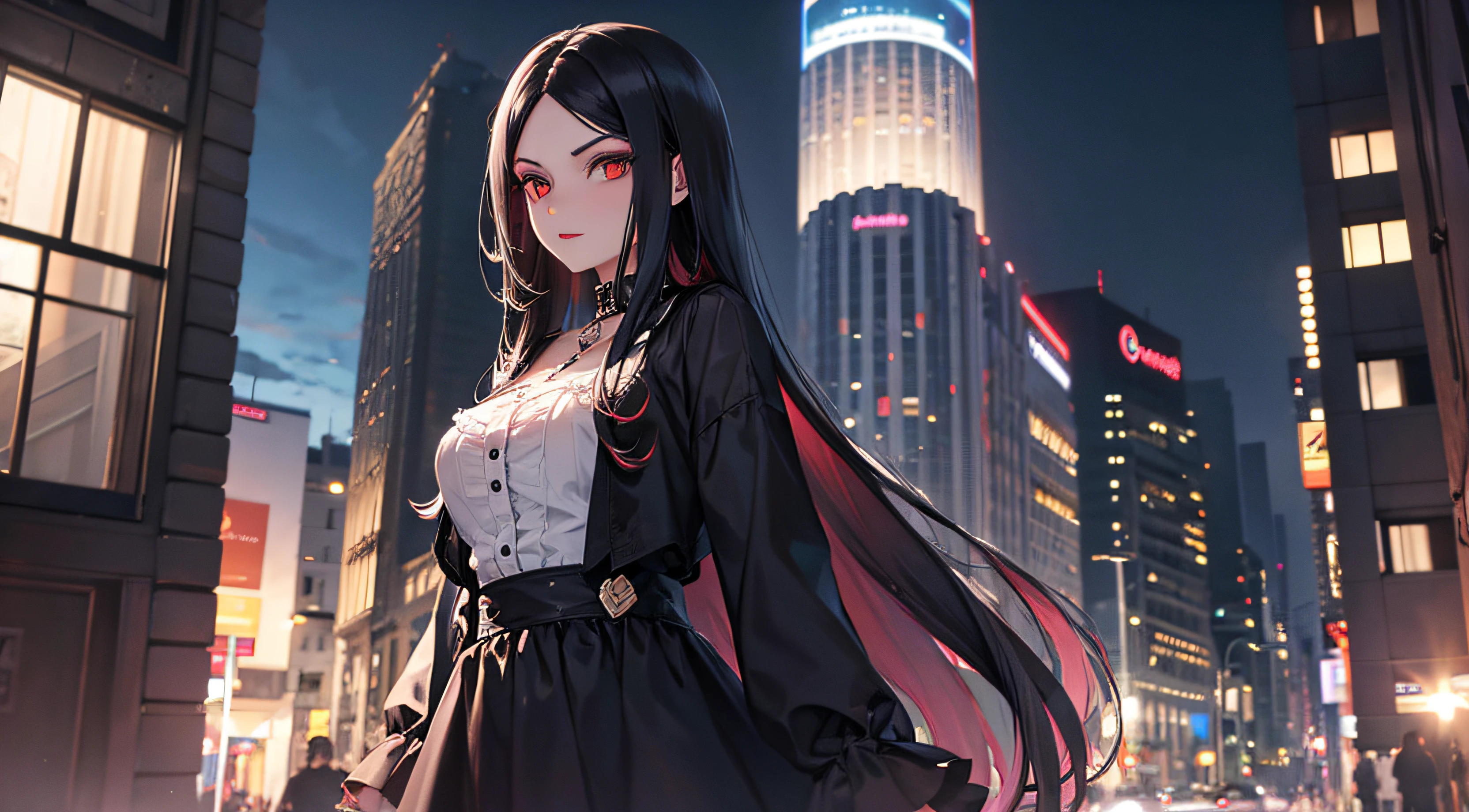 Linda Vampira de cabello largo blanco,vestido negro corto en la ciudad de noche