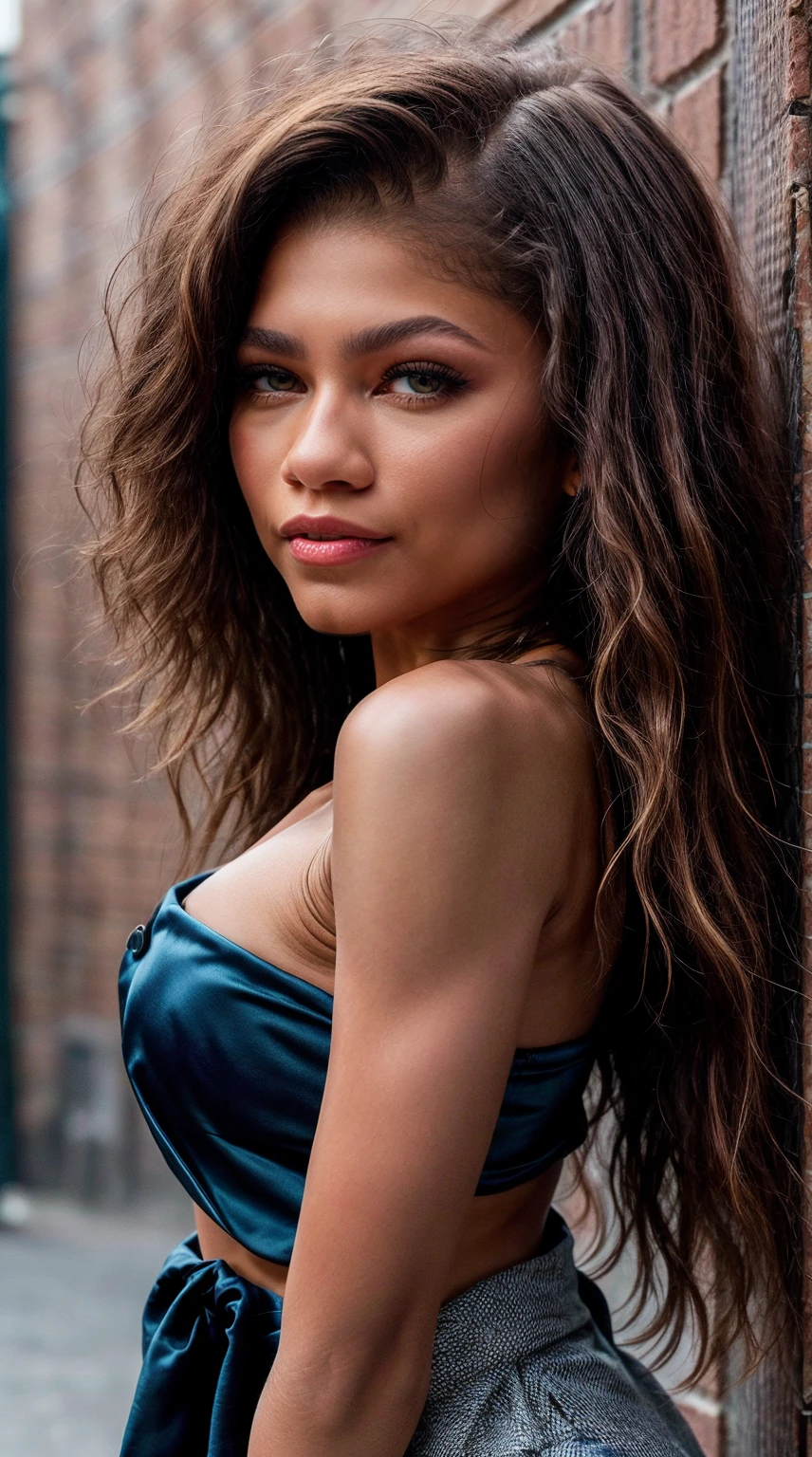 Generate a top-quality, masterpiece portrait of Zendaya, showcasing her stunning face with a photorealistic touch (Photorealistic Photos:1.3). Utilize rim lighting to accentuate her features, ensuring high-detail skin is captured flawlessly (High Detail Skin:1.2). Craft the image in 8K UHD, using a DSLR, and provide exceptional quality in both 4K and 8K resolutions. Introduce bokeh effects for an aesthetically pleasing background. Maintain a real aesthetic (Real: 1.3) while highlighting Zendaya's small yet cute face. Dress her in a black formal blazer with a middle breast cut and a short skirt, creating an office-themed atmosphere. Capture Zendaya's body details with precision, emphasizing her unique physique and proportions. Highlight her natural beauty by incorporating her distinctive facial features, including her square face shape, high cheekbones, wider and shorter nose, evenly positioned eyes, and rounded cheeks. Keep these characteristics in mind while generating the portrait to ensure an accurate representation of Zendaya.