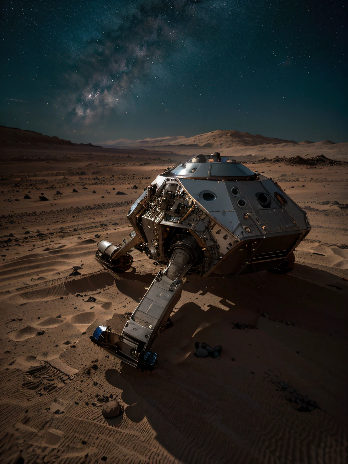 On Mars, a huge cutting-edge machine is at work. Metallic luster texture, astronauts are distributed on the ground of Mars. Bright picture, robot, starry sky, daytime, exploring vehicle details, ultra-wide angle, bird's eye view, high realism, light and dark