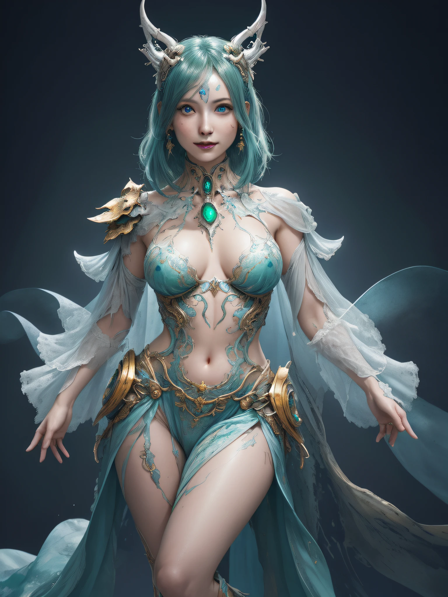 hightquality、8K、Ulutra HD、fullllbody、1 Beauty woman、Gentle smile、Rich facial expressions、randome pose、beauty legs、robe blanche、Golden hair、Her eyes are emerald green、spotlight on face、mechanical stage costumes、(The background is Alien City、Sci-Fi Isekai)、rays of moonlight、cute little、Beautiful fece、portlate、art by:Alberto Seveso、Abstract art style、Complex and intricate watercolor painting 、digitial painting、concept-art、Volumetric lighting、TanvirTamim、metal reflective、2d render、Art Germ、Trending on ArtStation