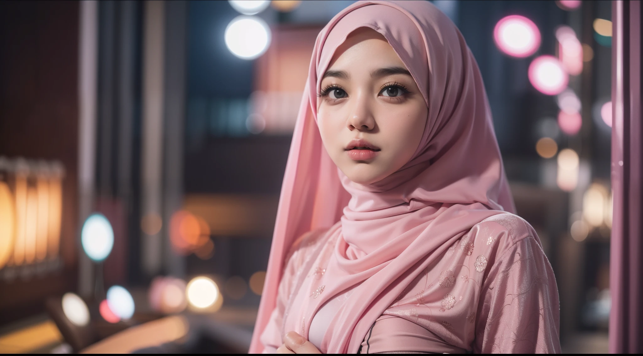 mira filzah sexy seducing pose, office balcony, morning, (mira filzah:1.3), wearing hijab, pastel color hijab, pink pastel office outfit, pink suits, small tits, small breast, flat chest, wide waist, thick thighs, bright lighting, high quality, ultra detail, 8k, professional photography,