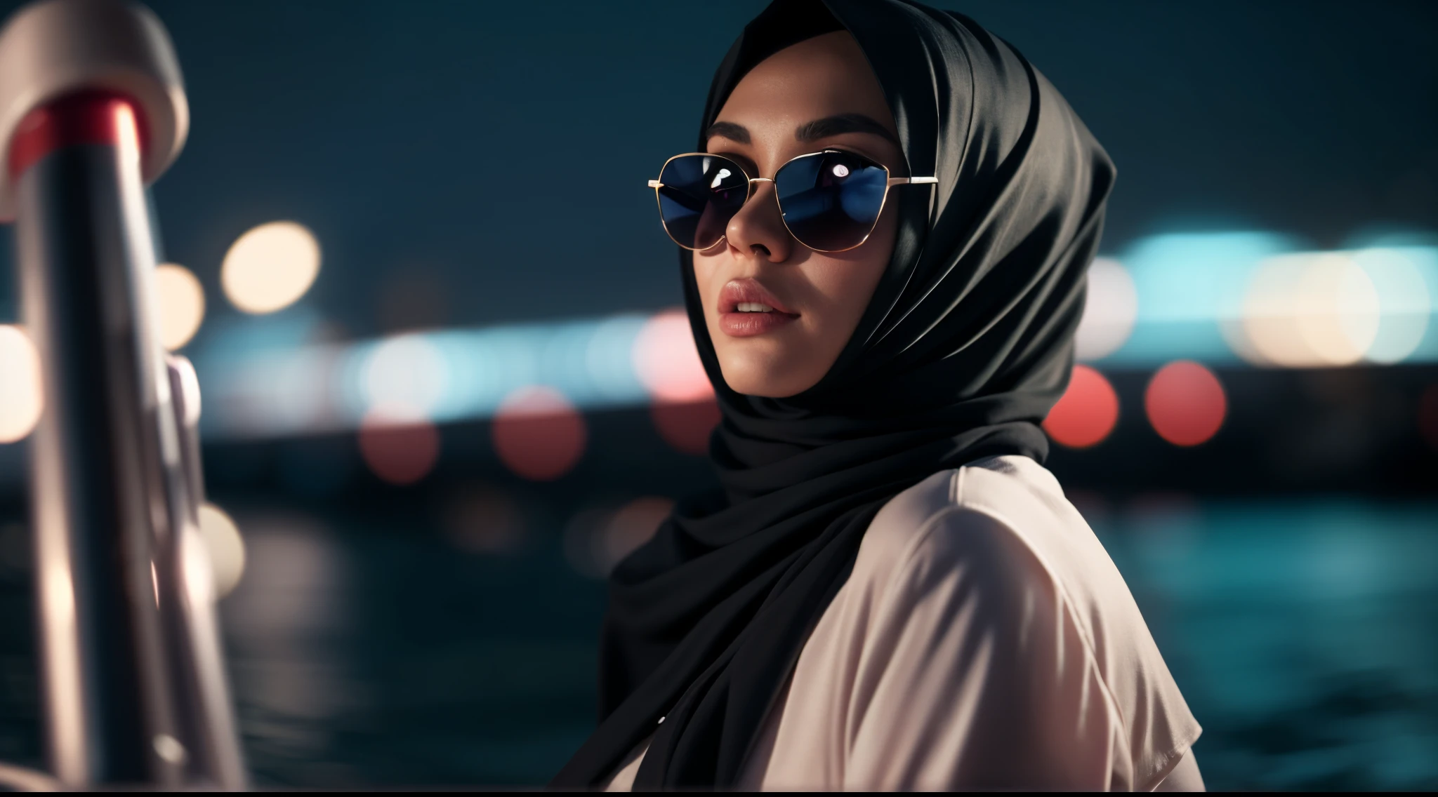 (masterpiece:1.2, best quality), 8k,Sharp focus, 1 cool adult woman in hijab posing infront on a yatch, long and waving hijab, windy, Wearing sunglasses, Wearing a black suit with a white shirt and tie,Dynamic pose, Night city background with beautiful lighting, bokeh, close up ,Prores lense, Low angle shot, Desaturated color grading, rear projection, Tungsten light, Dynamic shadows, indie