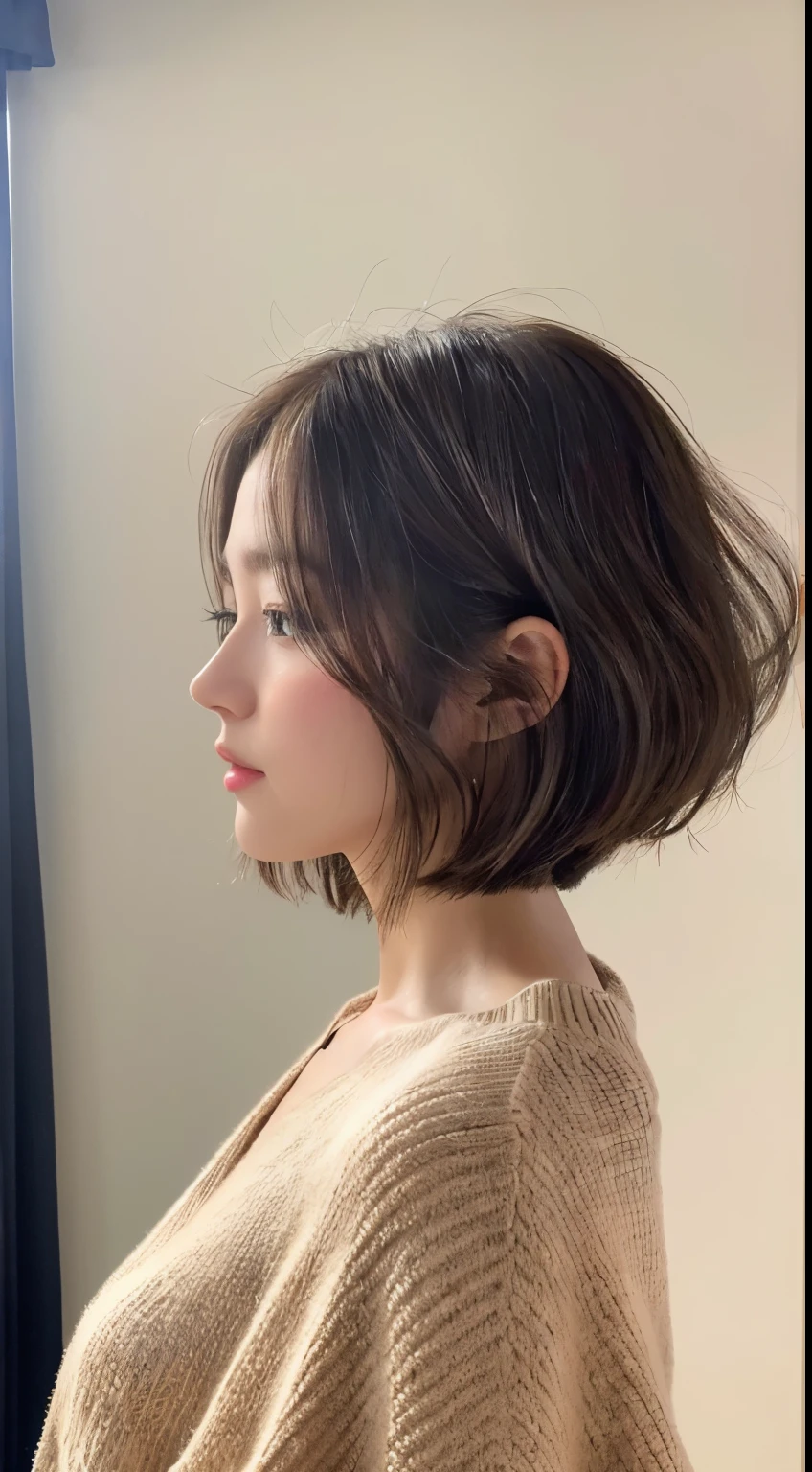 (Layered Haircut:1.2))、short wavy hair、8K、（RAW Photography）、（top-quality）、（Photorealsitic：1.4）Realistic to the touch Realistic、(4K high image quality:1.2)、(High resolution, masutepiece, of the highest quality, high detailing, Official: 1.4), (Realistic: 1.2, hyper realisitic: 1.1, Photorealistic: 1.37), depth of fields, (Detailed description of hair), (Detailed description of face), Incomparable beauty,, (35 years old,: 1.4)、Autumn clothes、A little depressed、(white wall room with window、Shot in a beauty salon)、natural soft light、short-hair、bobhair、reallistic、high-level image quality、hiquality、profile、Poses variadas、various hairstyles、profile、bob、Random Poses