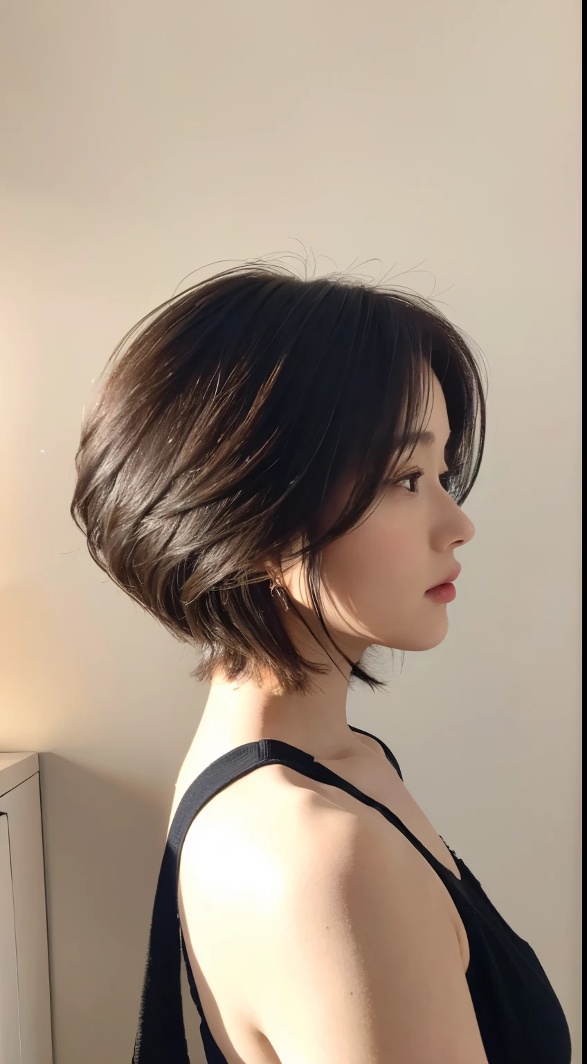 (Layered Haircut:1.2))、short wavy hair、8K、（RAW Photography）、（top-quality）、（Photorealsitic：1.4）Realistic to the touch Realistic、(4K high image quality:1.2)、(High resolution, masutepiece, of the highest quality, high detailing, Official: 1.4), (Realistic: 1.2, hyper realisitic: 1.1, Photorealistic: 1.37), depth of fields, (Detailed description of hair), (Detailed description of face), Incomparable beauty,, (35 years old,: 1.4)、Autumn clothes、A little depressed、(white wall room with window、Shot in a beauty salon)、natural soft light、short-hair、bobhair、reallistic、high-level image quality、hiquality、profile、Poses variadas、various hairstyles、profile、bob、Random Poses
