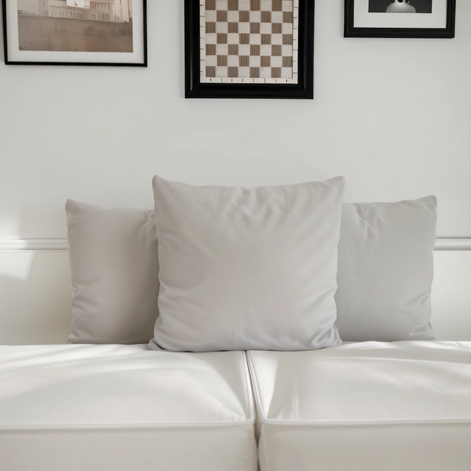 There are three pillows on the sofa in the living room, white pillows, light beige pillows, Ultra-realistic rendering of details, detailed archviz render, Render with povray, photo realistic render, highly detailed render, hyperrealistic rendering, rendered in vray, hyperreal rendering, White bed, highly detailed perfect render, Photorealistic rendering, Denoised photorealistic rendering