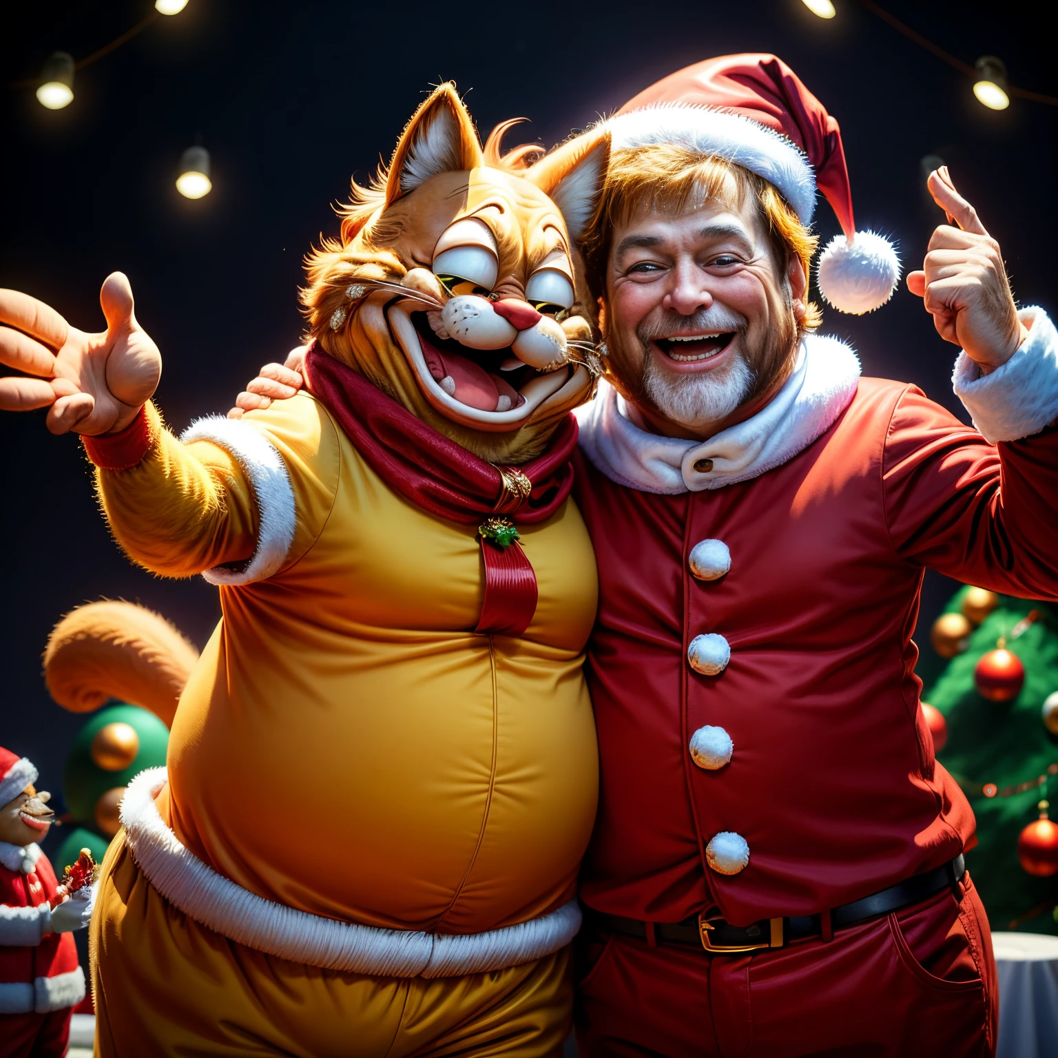 tmasterpiece, Best quality， Garfield wears Christmas costume for holiday party.  Happy photo taking with Santa Claus. They are laughing a lot, The party was a great success.