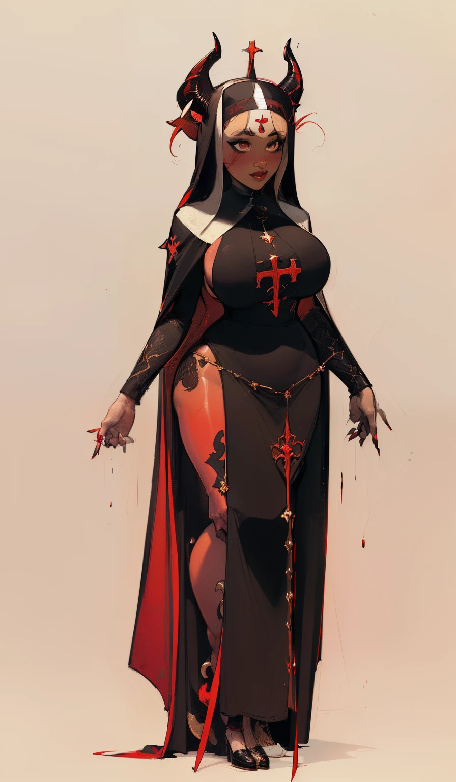 (succubus), (female with horns, red skin:1.8, black nun clothes:1.8), ( ram horns:1.7), (((Masterpiece:1.4))), (Very detailed: 2), (Beautiful: 2), (giant breast:1.5), (long wavy brown hair: 1.6),((Masterpiece)), Highly detailed, Perfect, (Hanging black bikini:1.1), ((Cool color palette:1.3)), (full body view), ((full - body:1.7)), (Bimbo:1.4),
