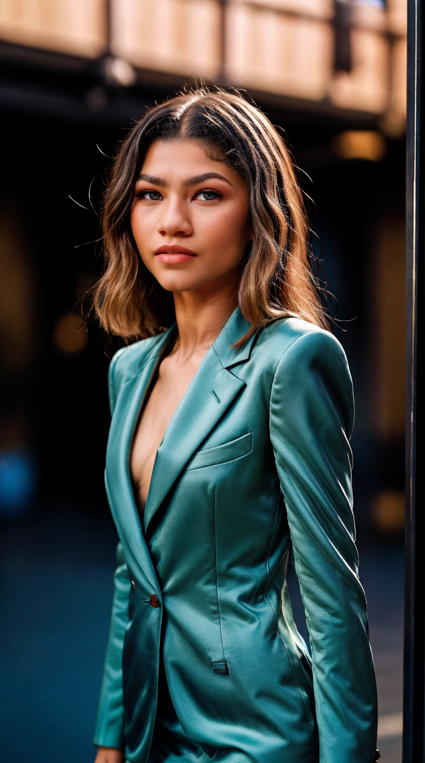 Generate a top-quality, masterpiece portrait of Zendaya, showcasing her stunning face with a photorealistic touch (Photorealistic Photos:1.3). Utilize rim lighting to accentuate her features, ensuring high-detail skin is captured flawlessly (High Detail Skin:1.2). Craft the image in 8K UHD, using a DSLR, and provide exceptional quality in both 4K and 8K resolutions. Introduce bokeh effects for an aesthetically pleasing background. Maintain a real aesthetic (Real: 1.3) while highlighting Zendaya's small yet cute face. Dress her in a black formal blazer with a middle breast cut and a short skirt, creating an office-themed atmosphere. Capture Zendaya's body details with precision, emphasizing her unique physique and proportions. Highlight her natural beauty by incorporating her distinctive facial features, including her square face shape, high cheekbones, wider and shorter nose, evenly positioned eyes, and rounded cheeks. Keep these characteristics in mind while generating the portrait to ensure an accurate representation of Zendaya.