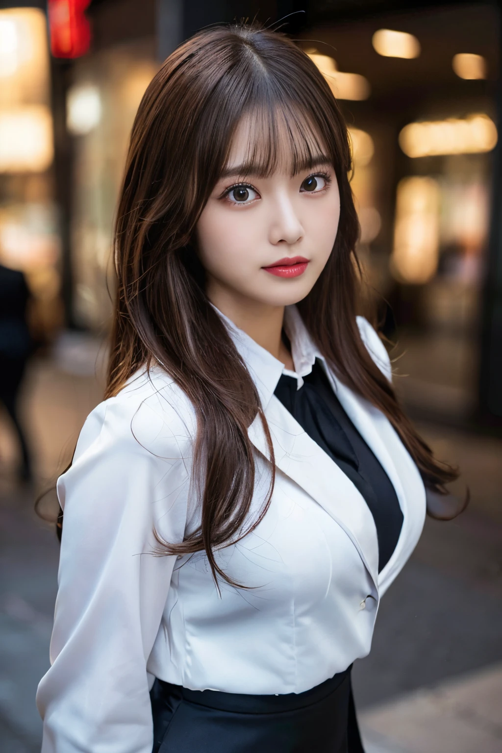 28 years old, (Japanese lady), (raw photo), (photorealistic:), very detailed brown eyes, cuty face, long eyelashes, glossy lips, glitter eyeshadow, troubled face, 1 woman, ((large breasts)), ((gorgeous brown long hair), (((business uniform))), white blazer, very tight skirt, black high-heels, full body, (high resolution), very detailed, first-person view, 135mm, Nikon, f/2.8, masterpiece, UHD, anatomically correct, highres, HD, 4K, 8k