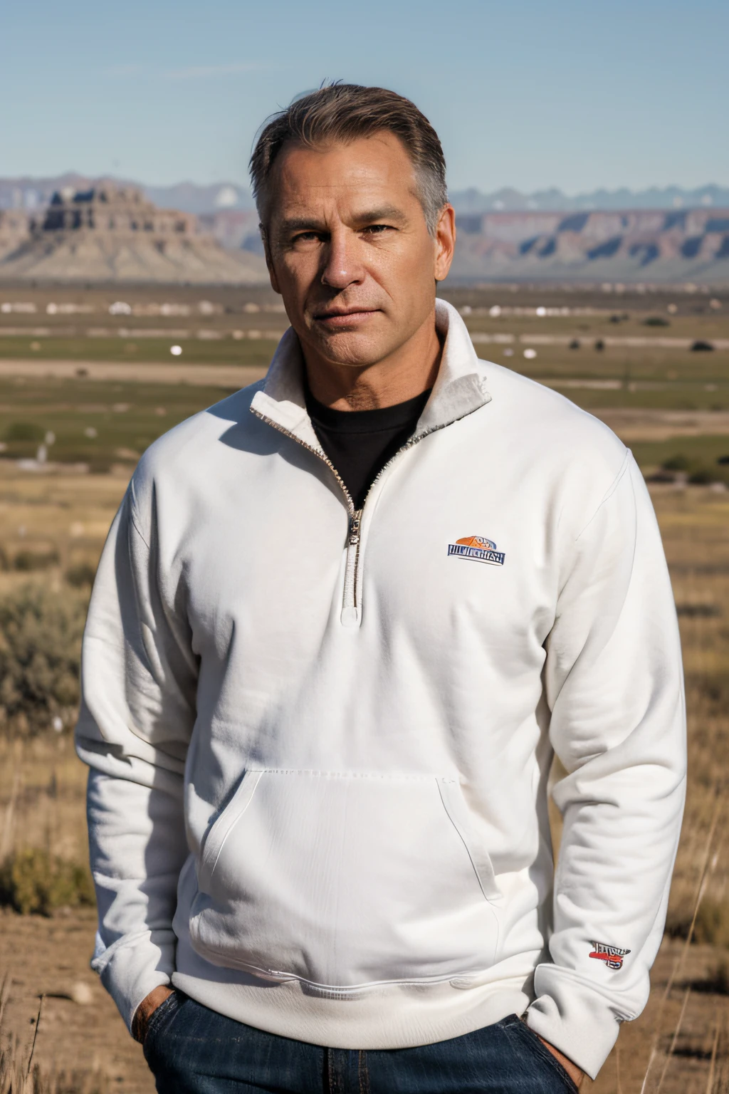 A 50-year-old strong Caucasian American man.，Wear a white half-zip sweatshirt，In the plains of the western United States