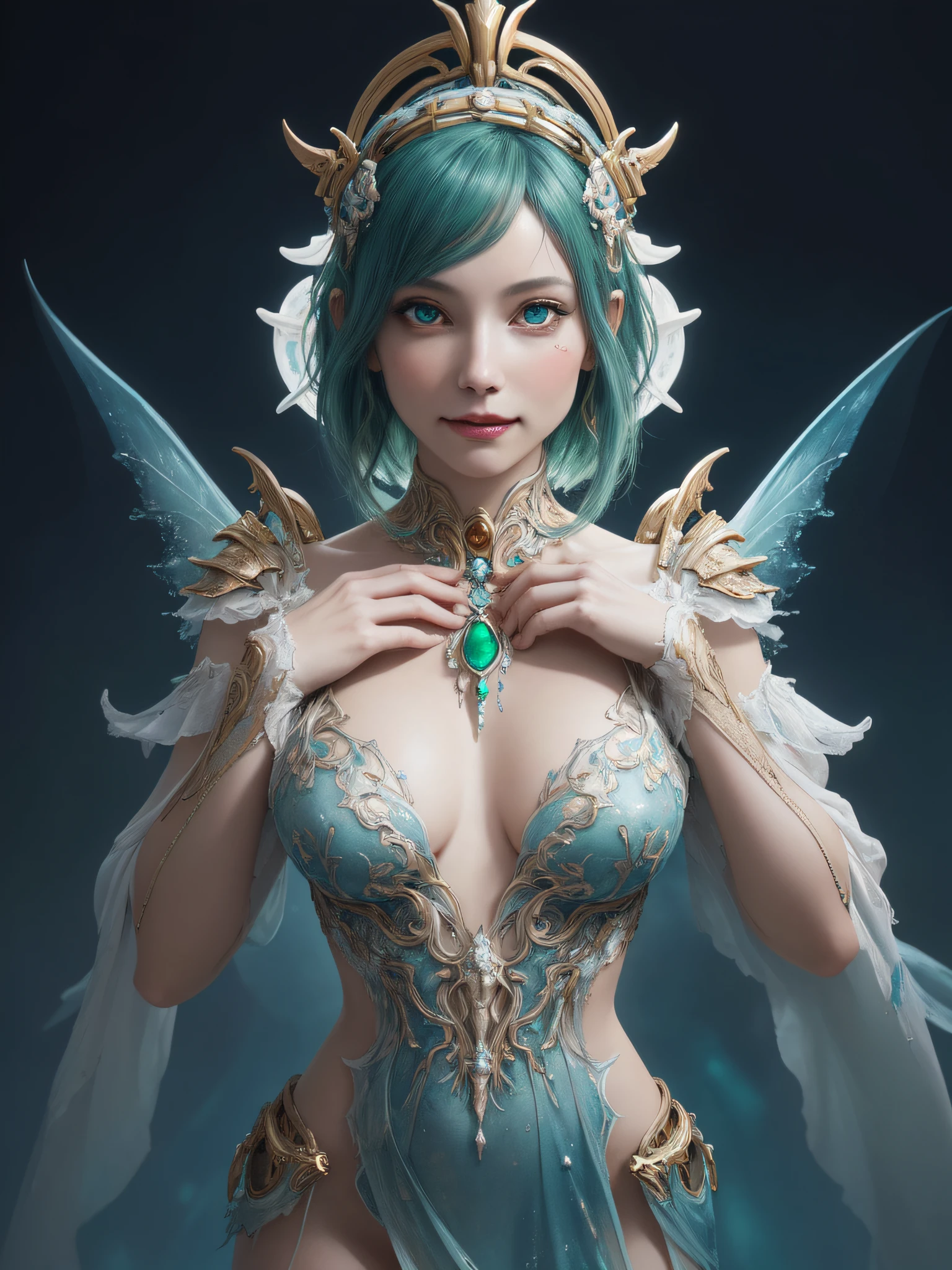 hightquality、8K、Ulutra HD、fullllbody、1 Beauty woman、Gentle smile、Rich facial expressions、randome pose、beauty legs、robe blanche、Golden hair、Her eyes are emerald green、spotlight on face、mechanical stage costumes、(The background is Alien City、Sci-Fi Isekai)、rays of moonlight、cute little、Beautiful fece、portlate、art by:Alberto Seveso、Abstract art style、Complex and intricate watercolor painting 、digitial painting、concept-art、Volumetric lighting、TanvirTamim、metal reflective、2d render、Art Germ、Trending on ArtStation