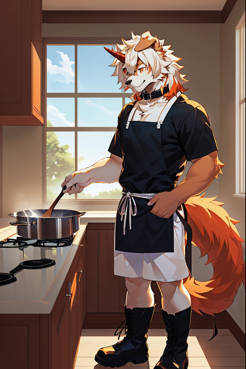 (stay in log, author:ghost of emptiness, by making friends, by honoway, by thebigslick, author:Feinhertz), male people, Alone, Domestic dogs,doggy, Red Horn, shrug ears, paws with claws,Inside the kitchen,sexy for,lowerbody,(Sweated:2.9),gasps,upper legs,Small thighs,white leggings underneath,opens his eyes wide,A collar is worn around his neck,Dog leashes,face flushed,the shy,gasps,eyes very focused,Lateral face,opens his eyes wide,raised head,Tall and strong,cooking a,furry tail,Orange tail,Black pupils,tmasterpiece, Best quality at best, offcial art, extremely detaild的 CG unified 8k wallpapers, ultra - detailed, Best Best Illustration, The best shadow, perfect litthing, White fur, furry male, Dog boy, hairy pubic hair, Two-tone fur, 1 boy, Hair color, malefocus, horn, Striped hair, dog ears, Animal ear, single horn, Brown fur, through bangs, orange color hair, White hair, Medium hair, Orange eyes, Alone,aprons,Lateral face,boots,The erection,Full-body appearance,(Hold the pan in your left hand),cook one,The stands up,ssmile,The light is very gentle,legs long,black t-shirts,white pantie