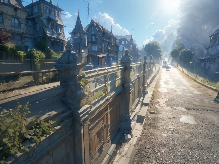 There is a fence next to the road with cars, beautiful afternoon light, perfect crisp sunlight, old castle,the street，You can see the rear of a car on the road，