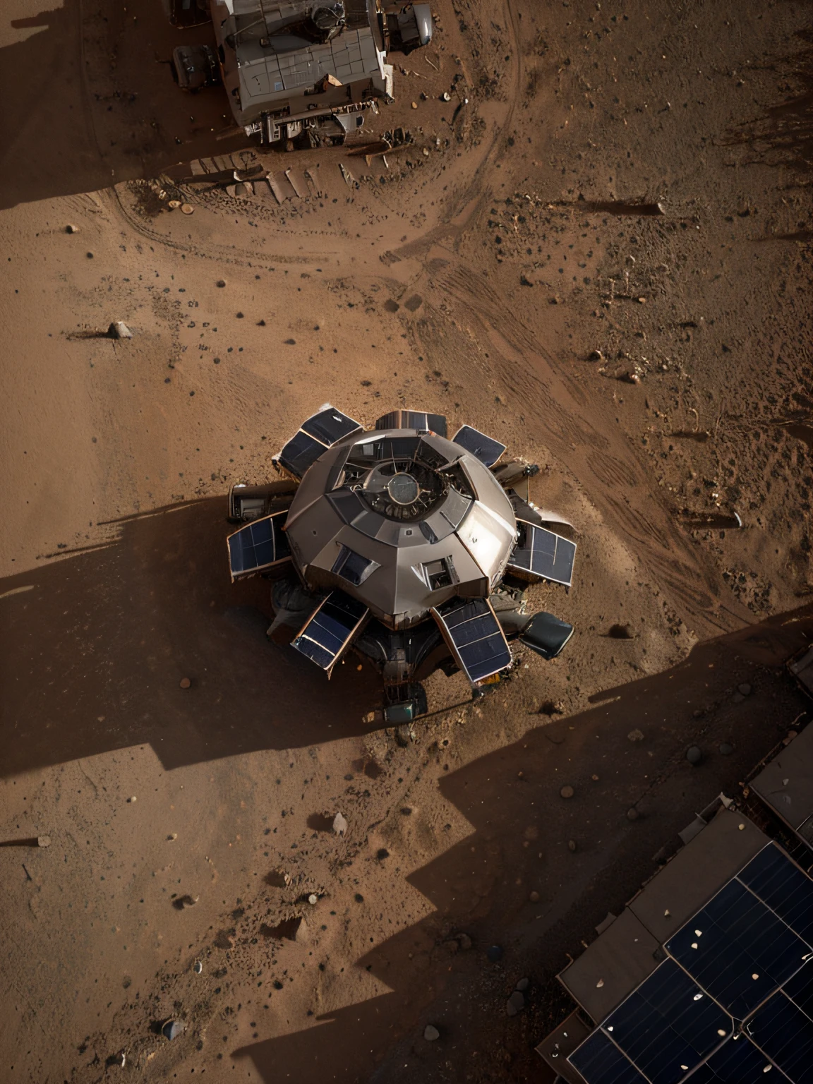 On Mars, a huge cutting-edge machine is at work. Metallic glossy texture, solar panels, astronauts distributed on the Mars ground. Bright picture, robot, starry sky, daytime, exploring vehicle details, super wide angle, bird's eye view, high realism, light and dark