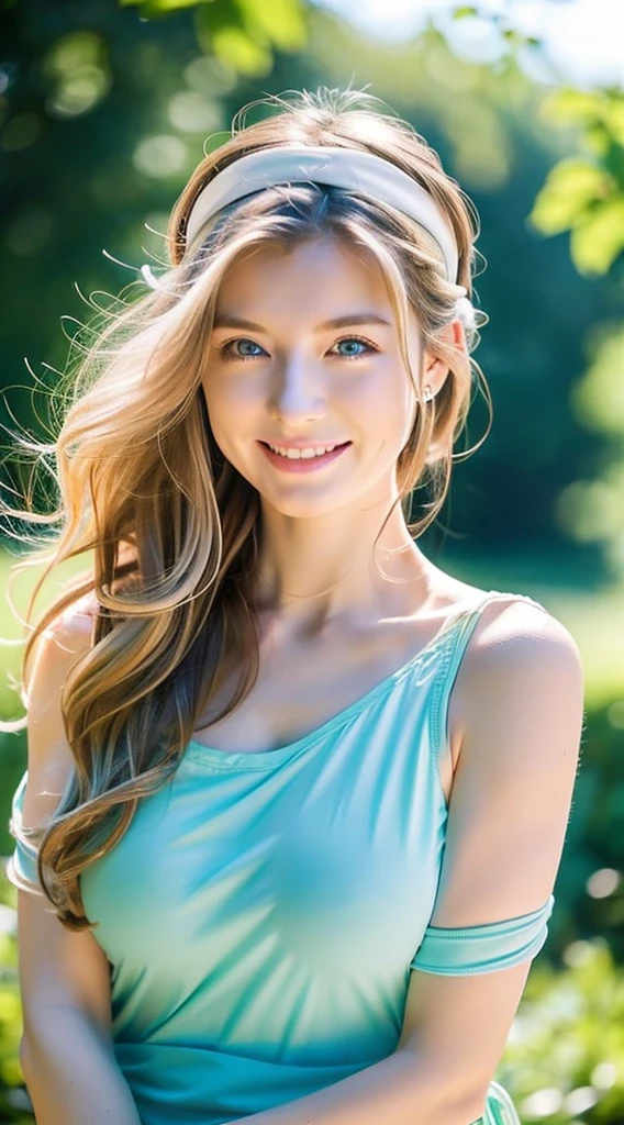 American white woman with unparalleled looks、dark blonde、Semi-long hair、wearing a ribbon headband、Hair is wavy、The ends of the hair are curled、blue eyess 、A slender、Out of focus background of open meadow in the forest、The sun filtering through the trees is beautiful、a smile、Looking at the camera、Slender but well-proportioned body with large breasts、Posing like a model、Raking up hair、There must be space above the head、Breast bare、Very high definition、Wrapping a scrunchie around the wrist、wearing one-shoulder tight clothes