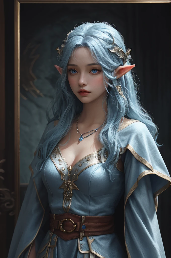 Half elf, elf, mage, woman, young woman, high fantasy art, noble, beautiful, medieval dress, blue hair, blue eyes, soft frame, detailed, silver necklace, magic, wizard, elf wizard, half elf elf