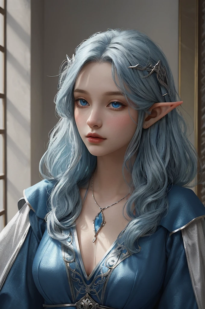 Half elf, elf, mage, woman, young woman, high fantasy art, noble, beautiful, medieval dress, blue hair, blue eyes, soft frame, detailed, silver necklace, magic, wizard, elf wizard, half elf elf