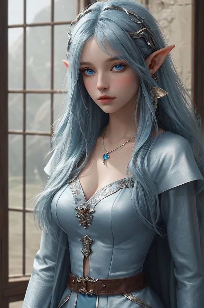 Half elf, elf, mage, woman, young woman, high fantasy art, noble, beautiful, medieval dress, blue hair, blue eyes, soft frame, detailed, silver necklace, magic, wizard, elf wizard, half elf elf